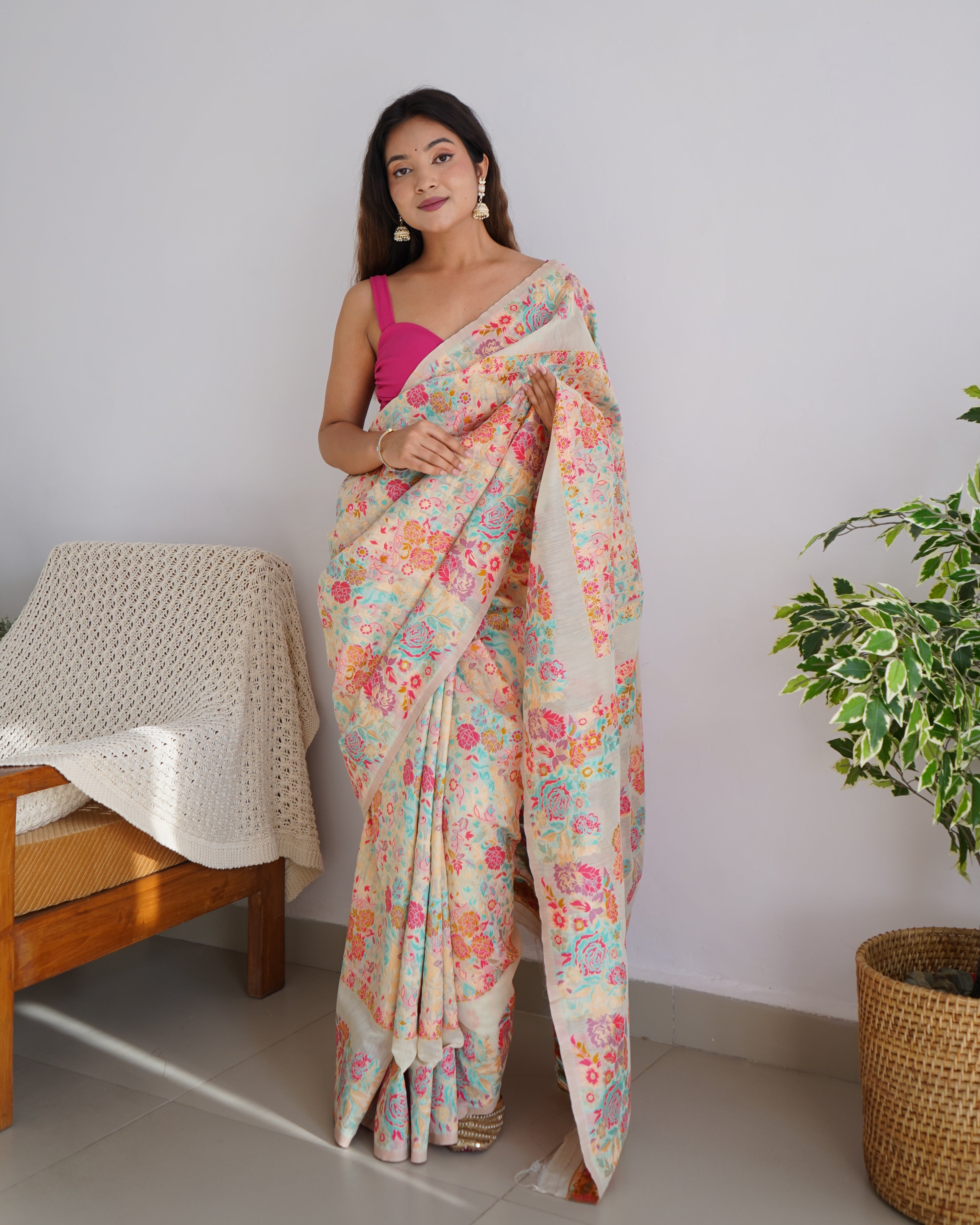Cotton Kachhi work Multi Thrade Kashmiri Pashmina Saree