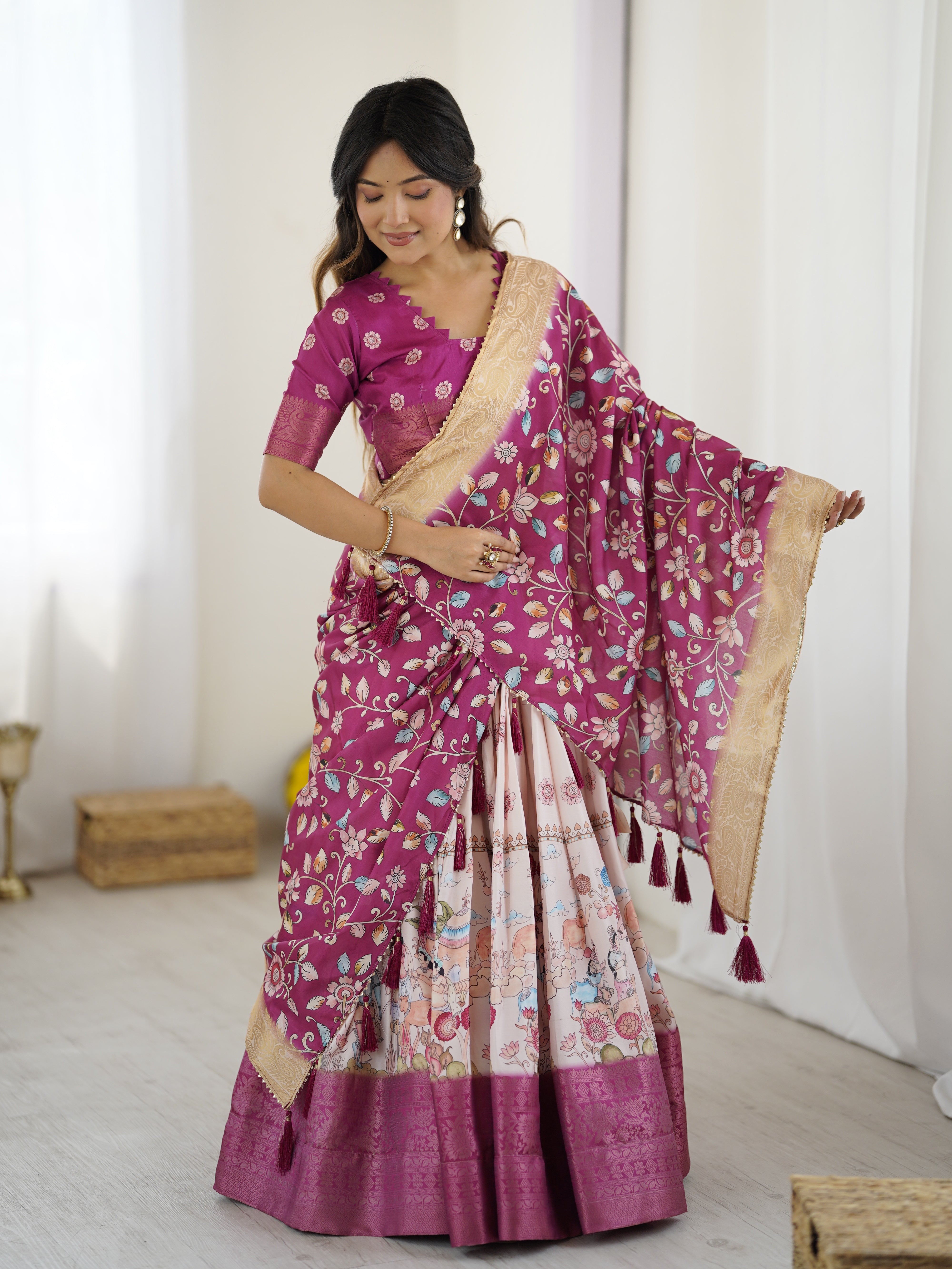 Elegant Kalamkari Lehenga in Wine and Peach with Divine Print and Floral Zari Dupatta