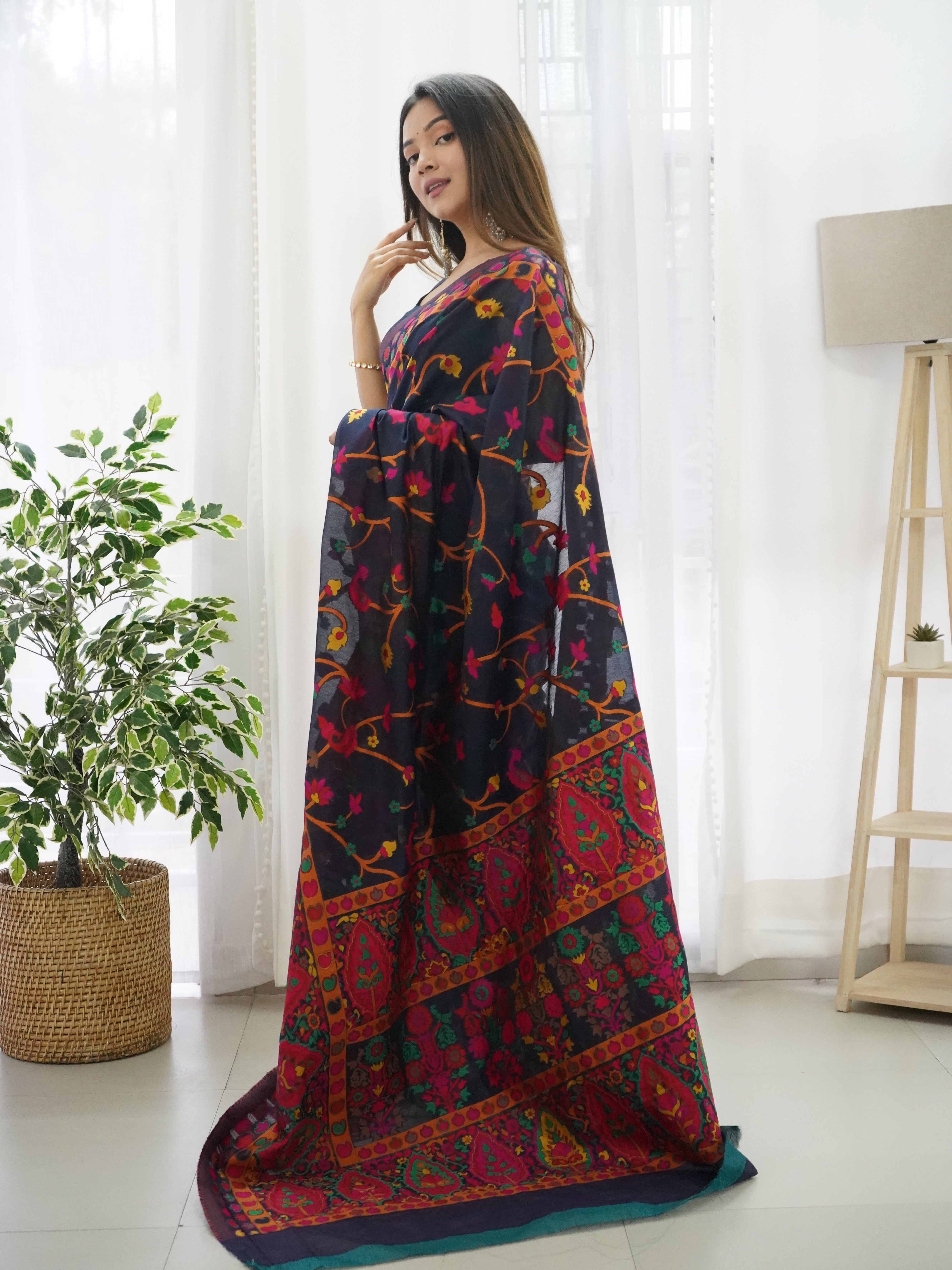 Cotton Kachhi work Multi Thrade Kashmiri Pashmina Saree