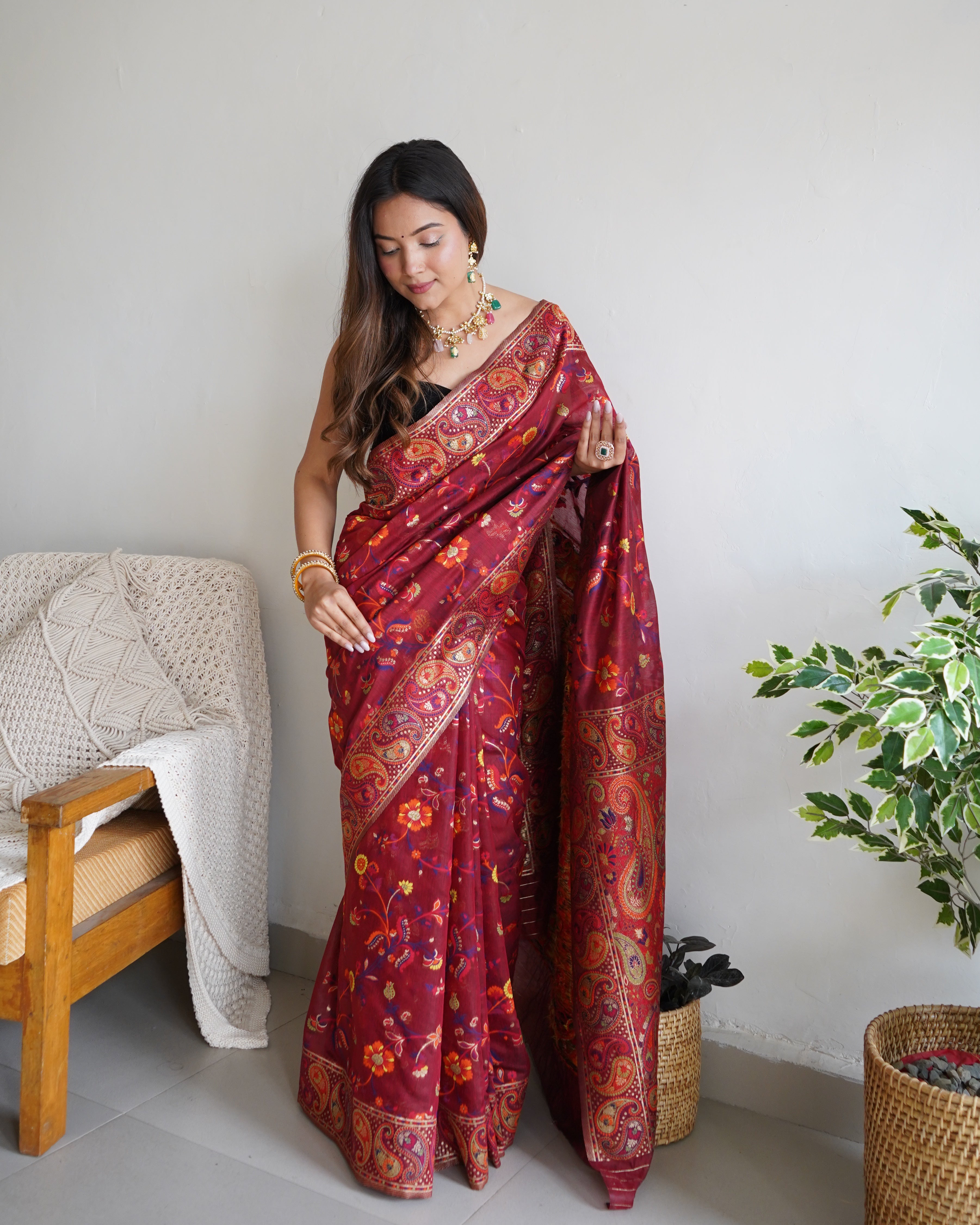 Cotton Kachhi work Multi Thrade Kashmiri Pashmina Saree
