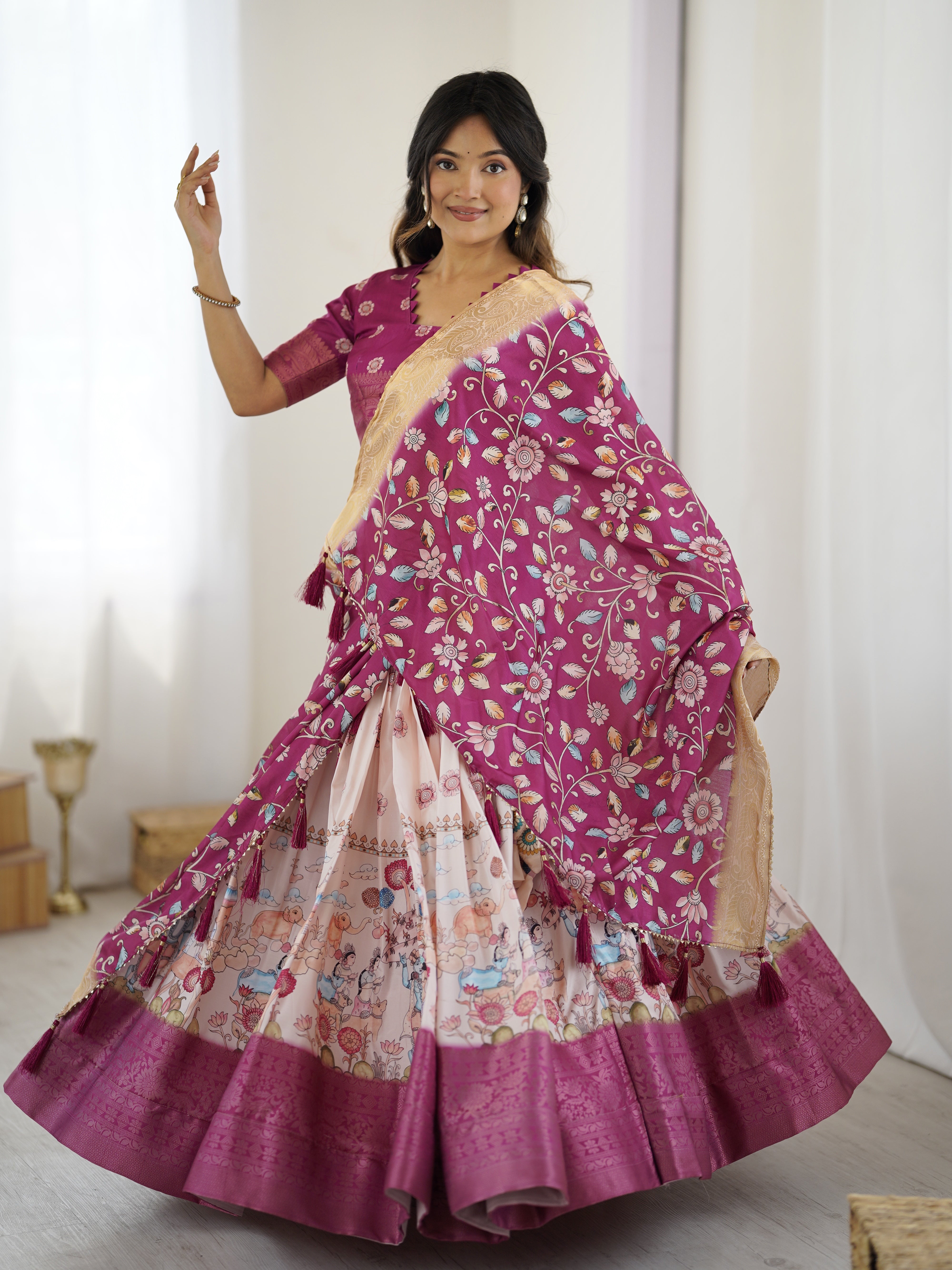 Elegant Kalamkari Lehenga in Wine and Peach with Divine Print and Floral Zari Dupatta