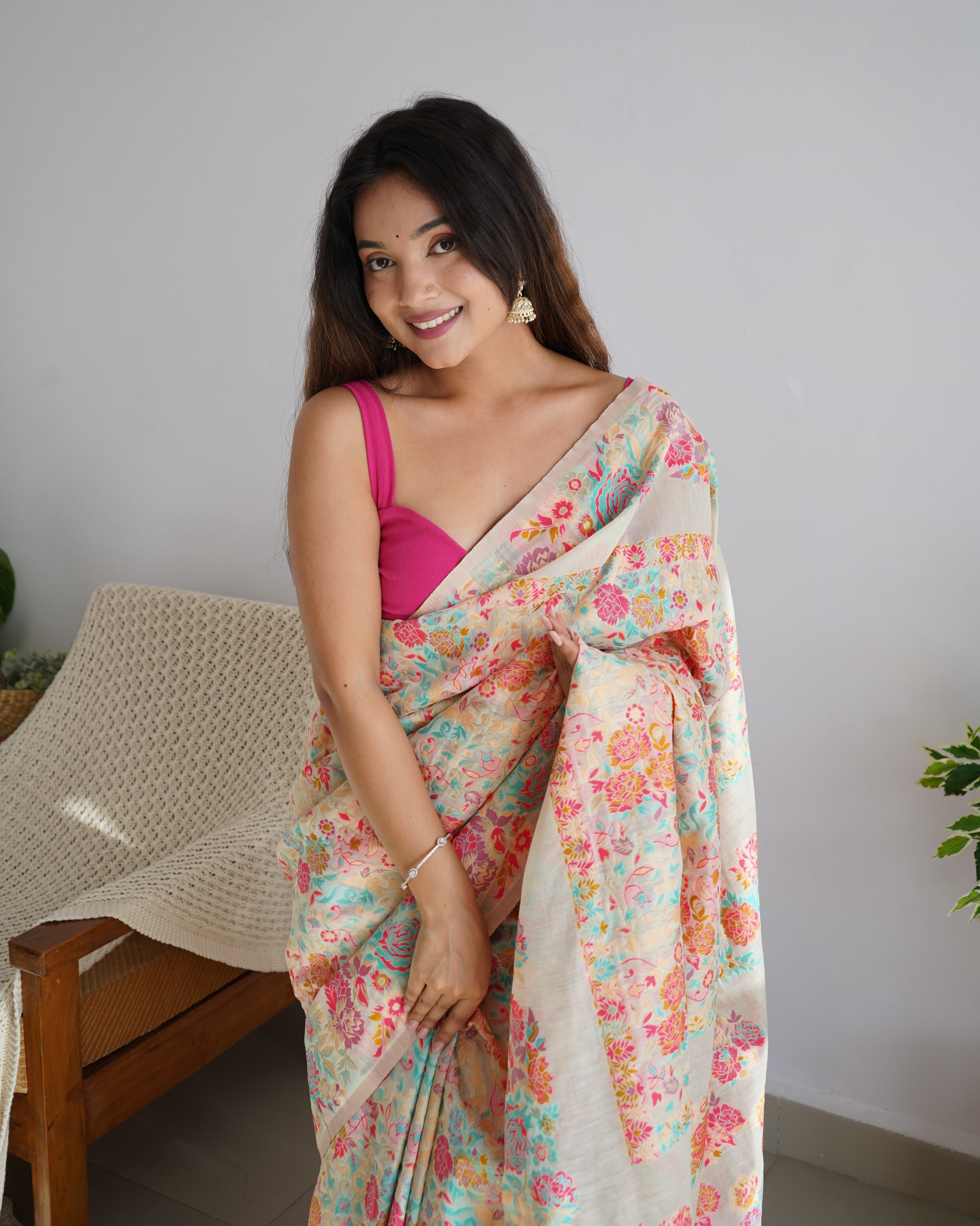 Cotton Kachhi work Multi Thrade Kashmiri Pashmina Saree