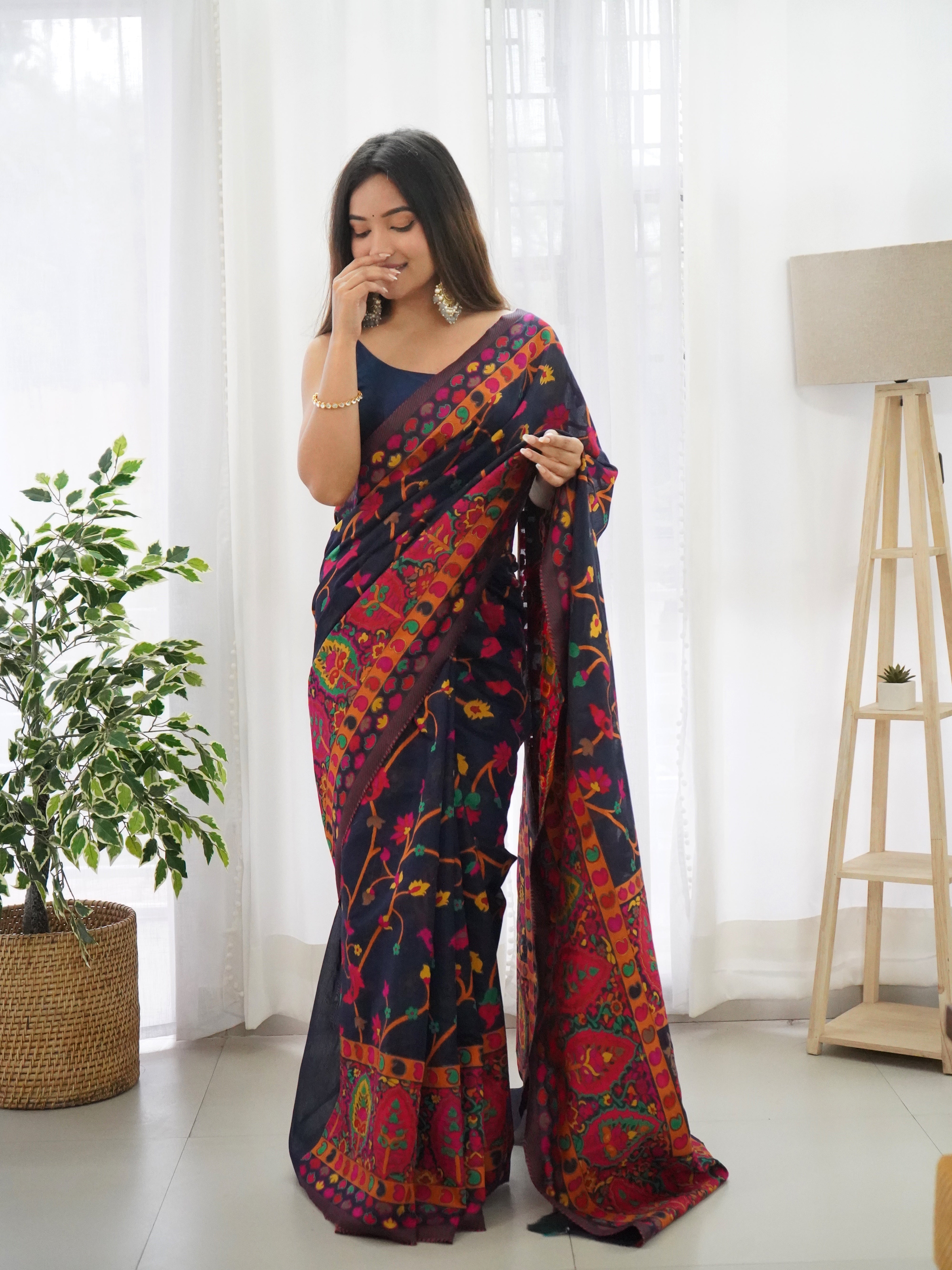 Cotton Kachhi work Multi Thrade Kashmiri Pashmina Saree