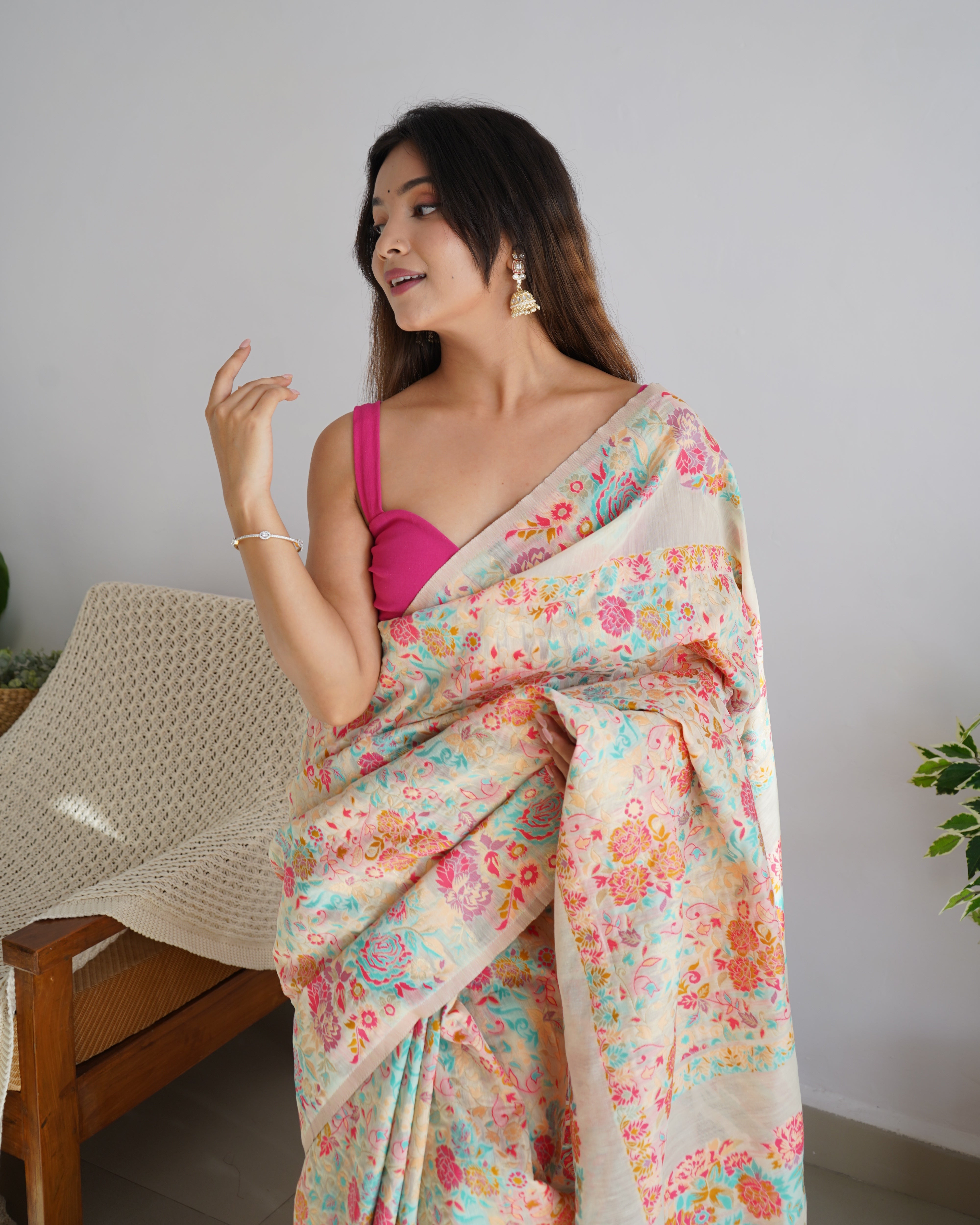 Cotton Kachhi work Multi Thrade Kashmiri Pashmina Saree
