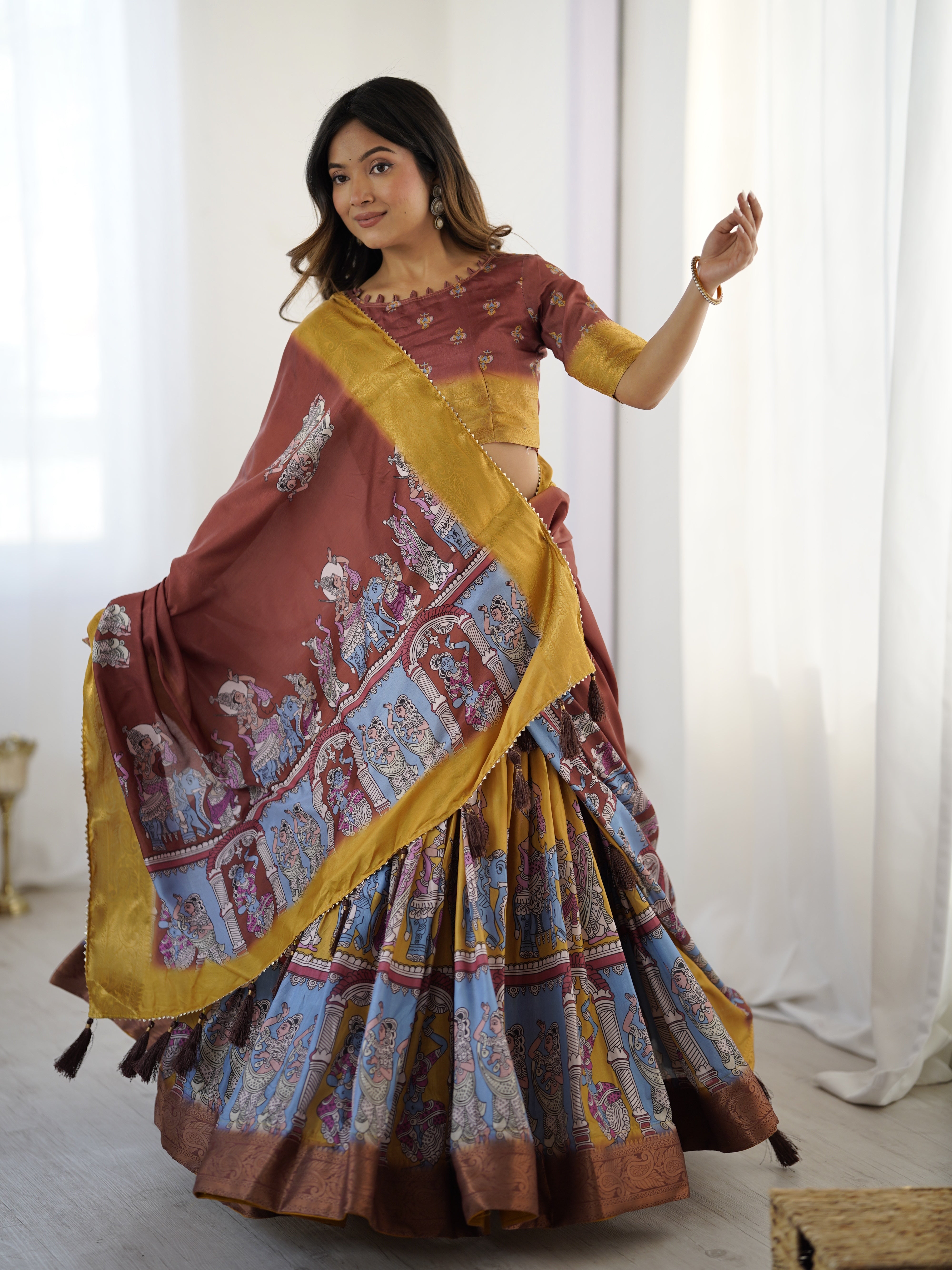 Elegant Kalamkari Lehenga in Maroon and Mustard with Flared Skirt and Dupatta
