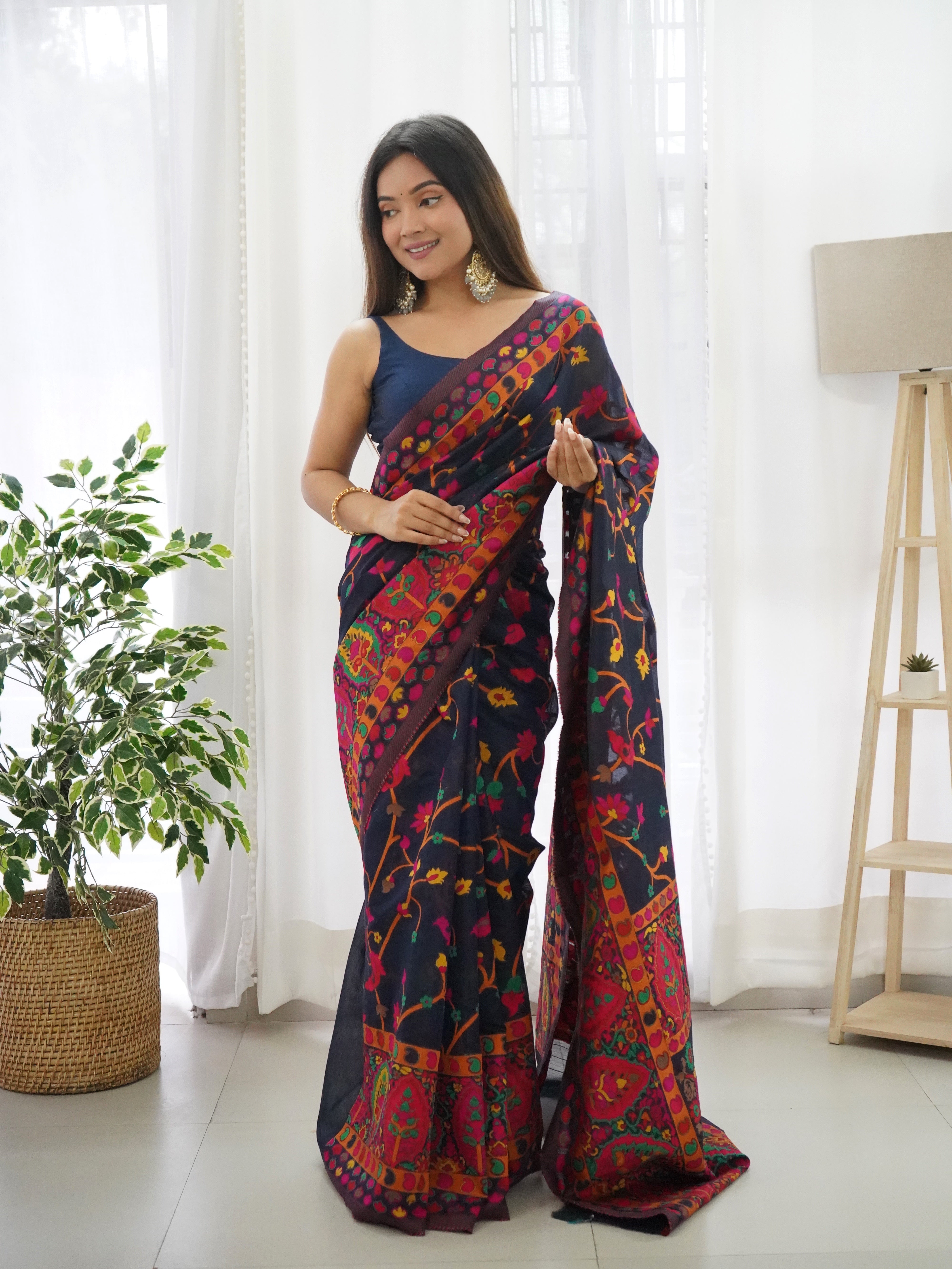 Cotton Kachhi work Multi Thrade Kashmiri Pashmina Saree