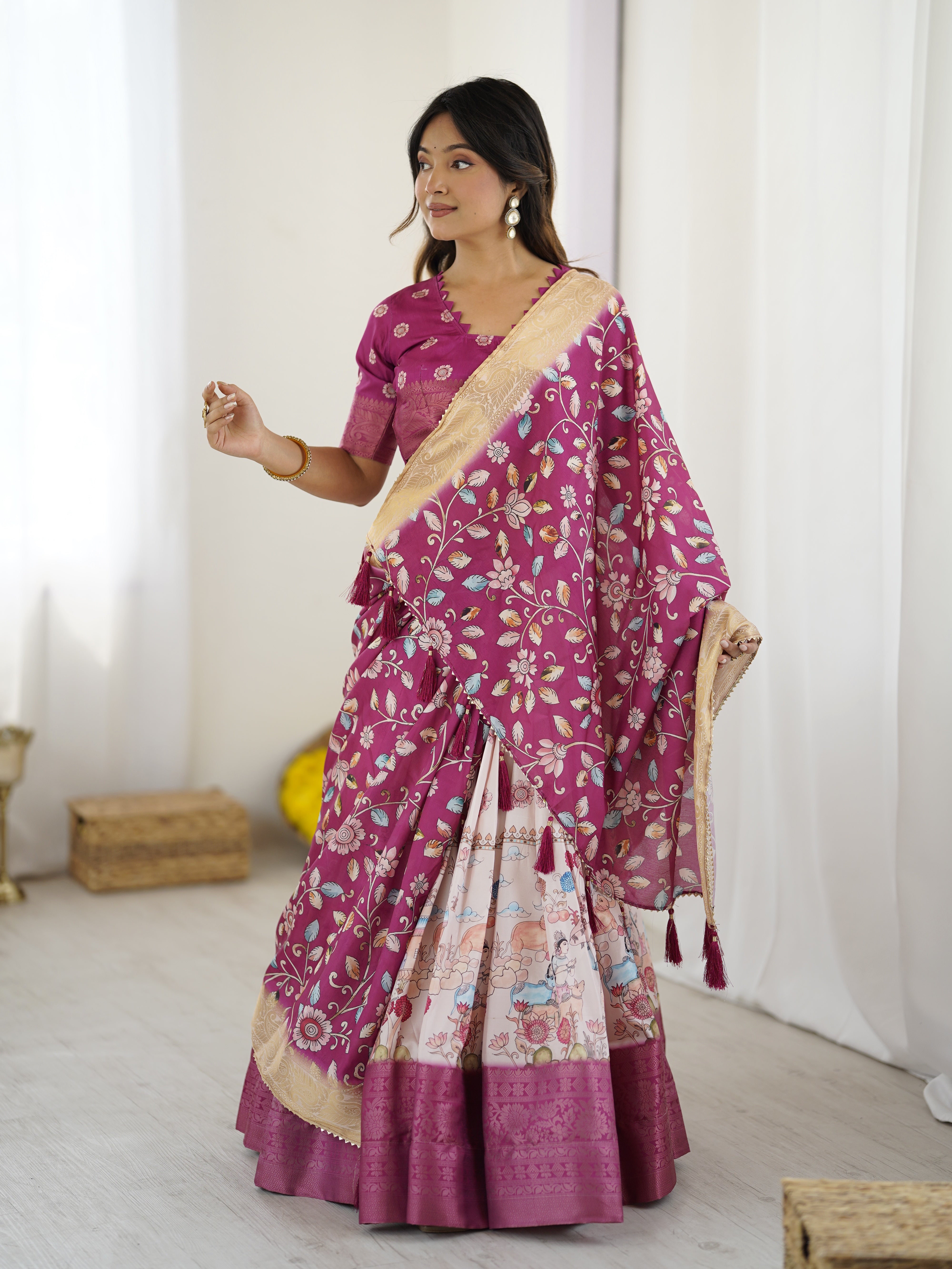 Elegant Kalamkari Lehenga in Wine and Peach with Divine Print and Floral Zari Dupatta