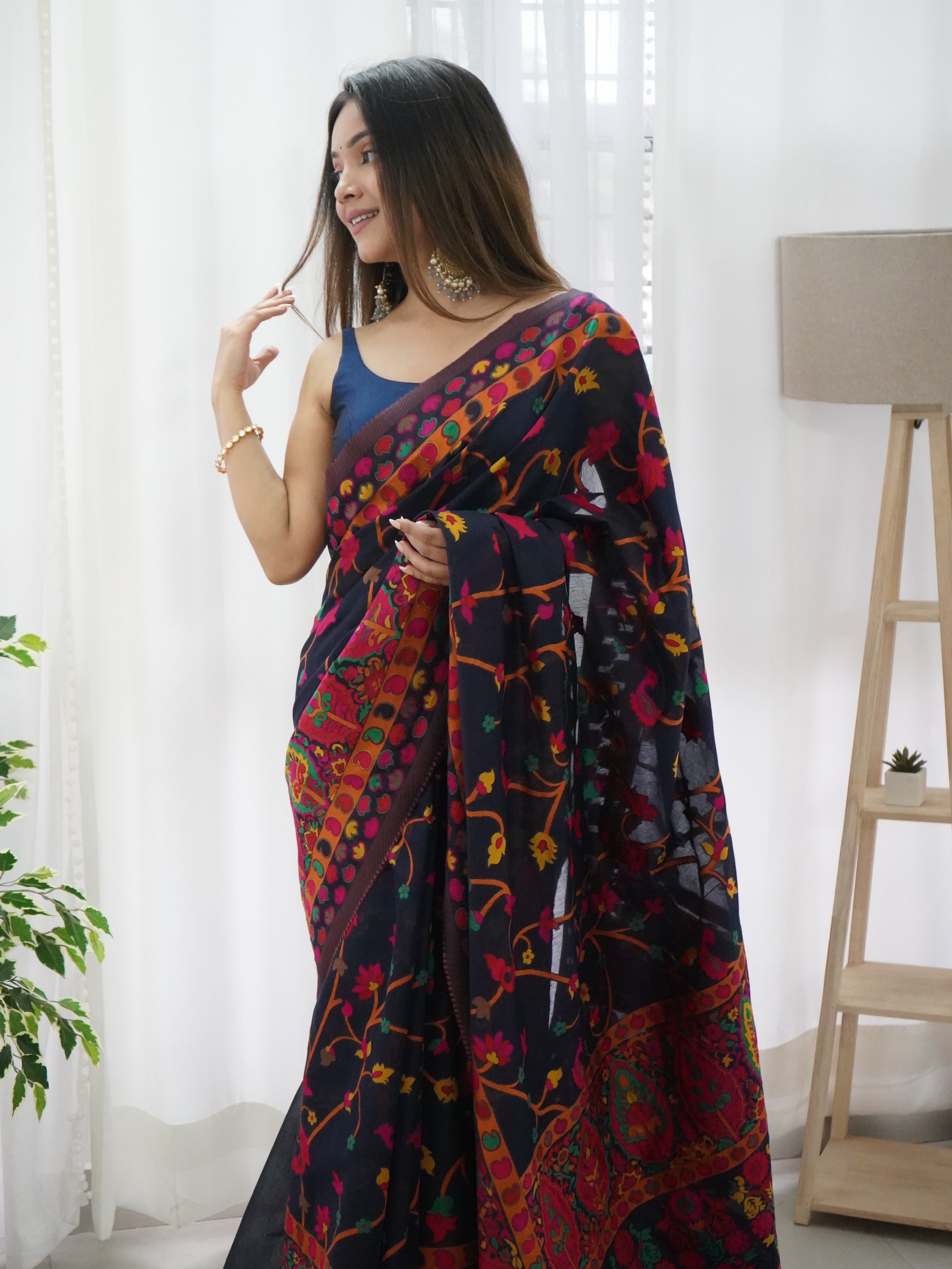Cotton Kachhi work Multi Thrade Kashmiri Pashmina Saree