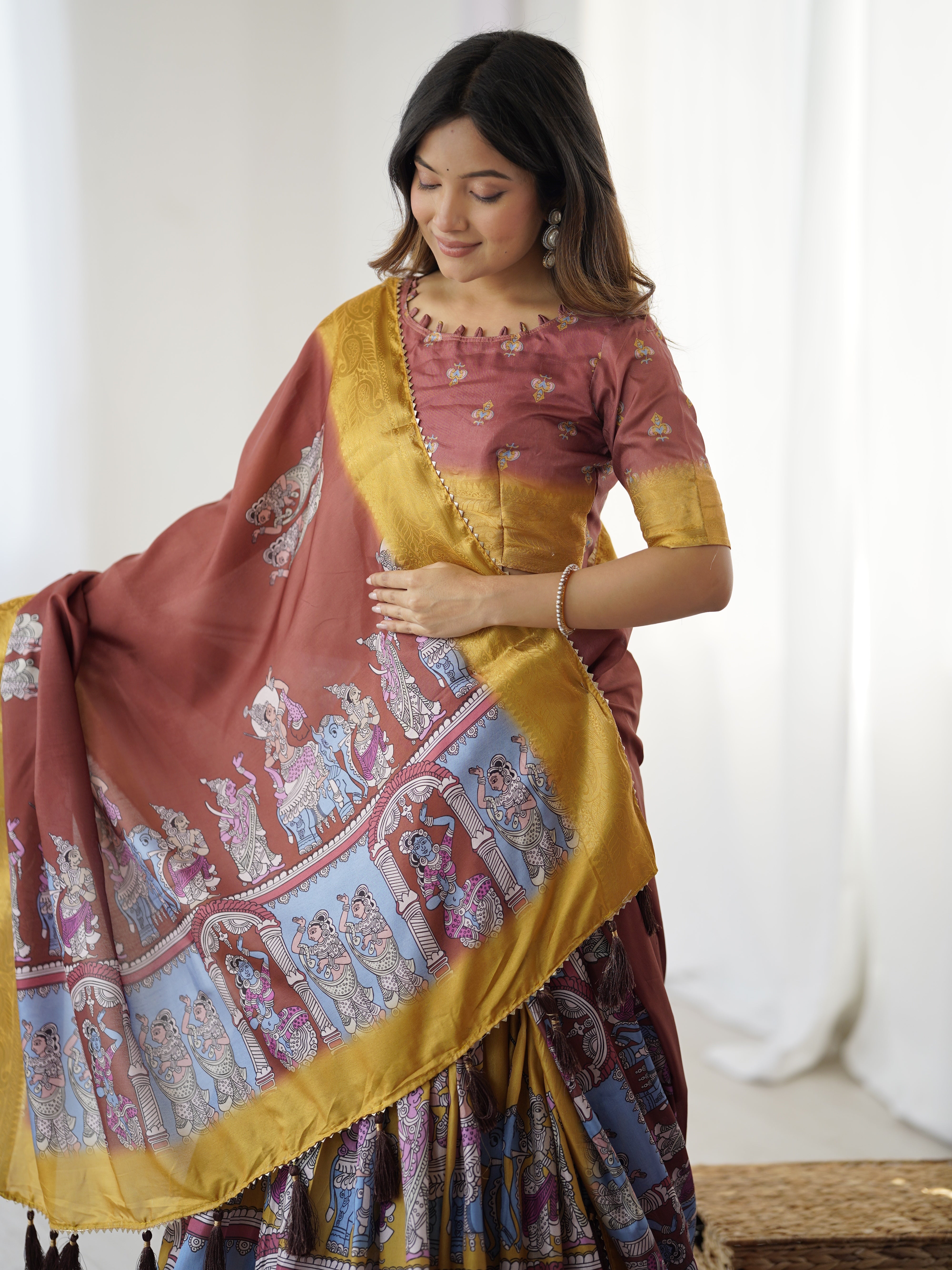 Elegant Kalamkari Lehenga in Maroon and Mustard with Flared Skirt and Dupatta
