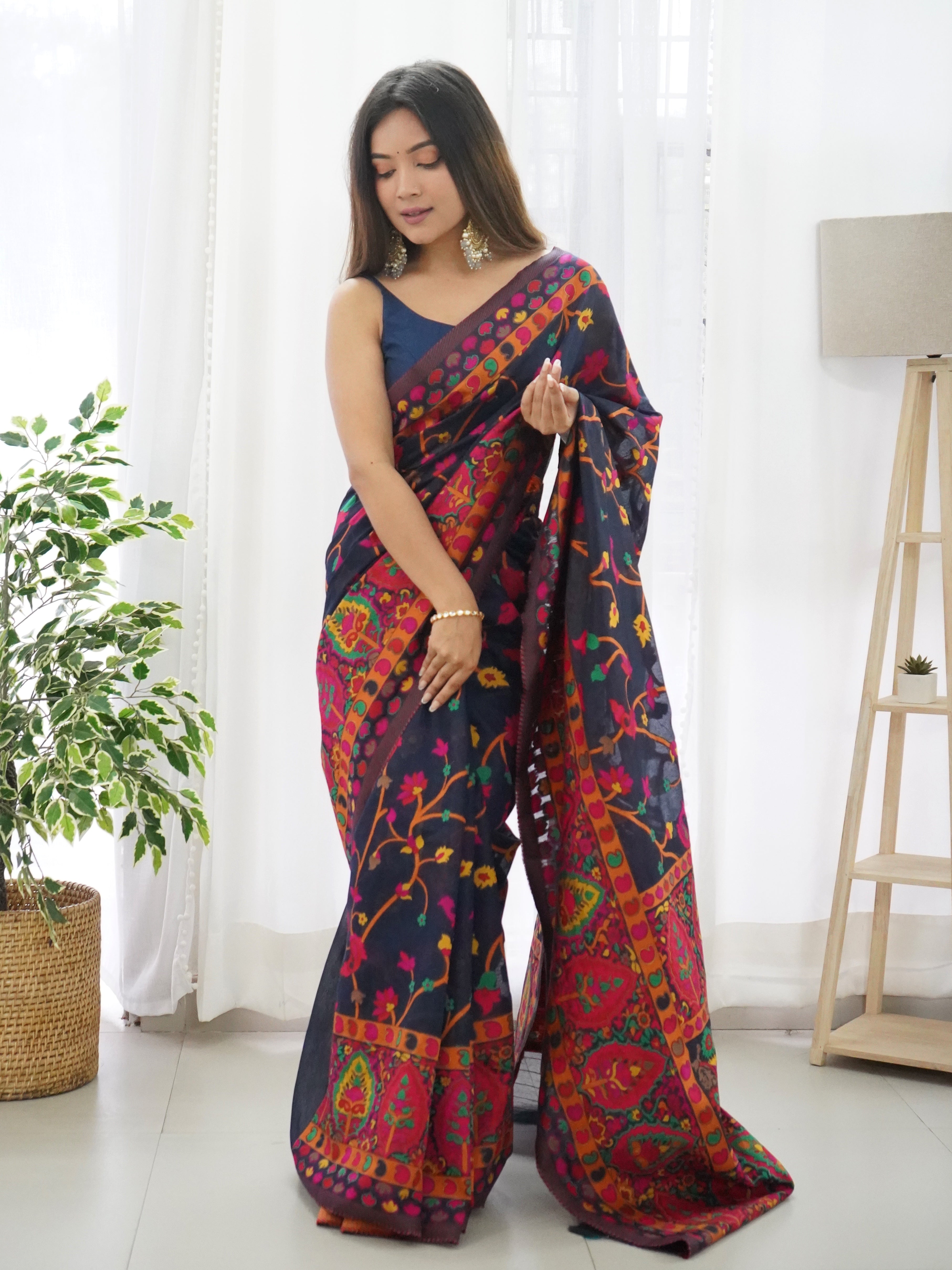 Cotton Kachhi work Multi Thrade Kashmiri Pashmina Saree