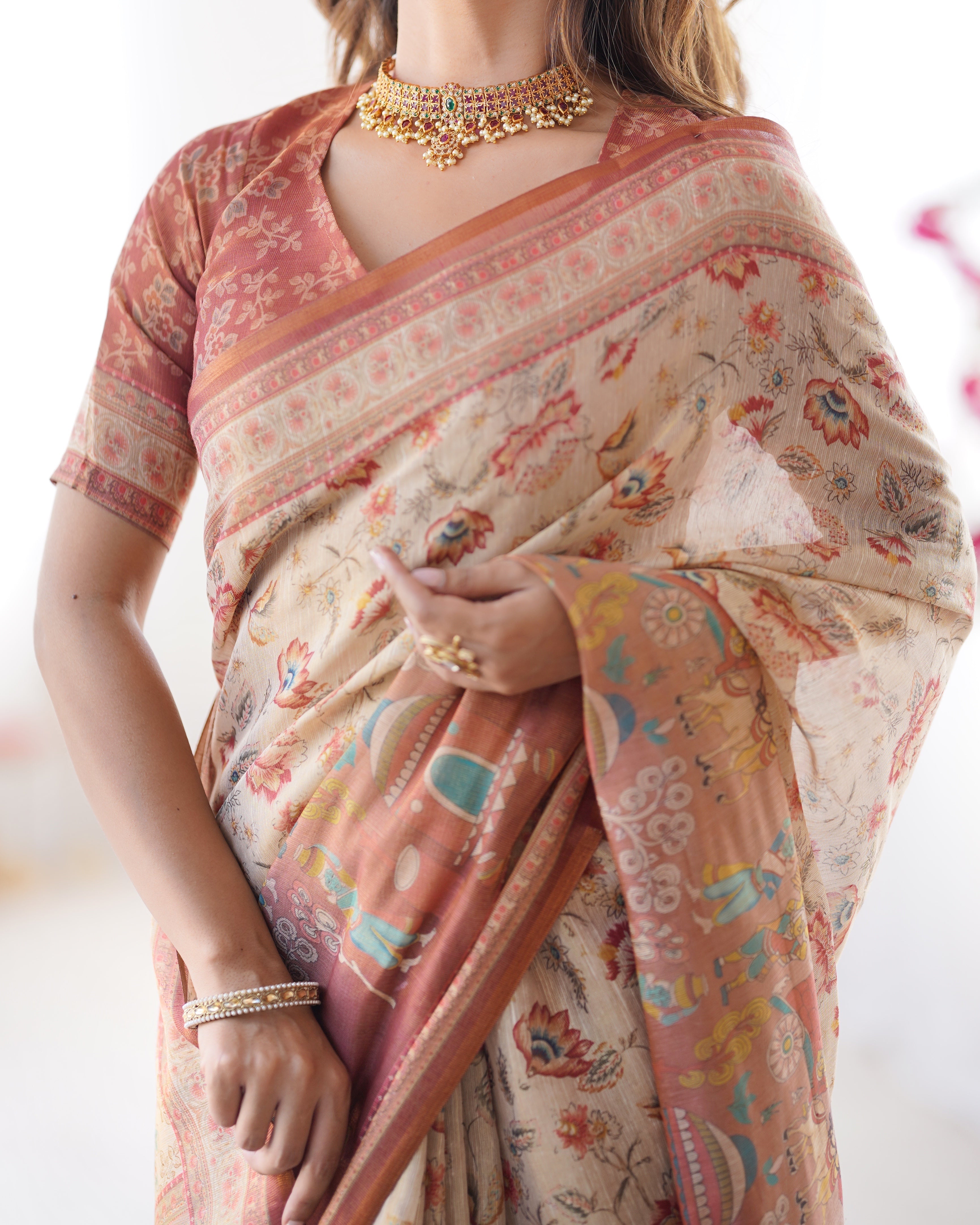 Ivory Handloom Cotton Saree with Maroon Borders, Floral Print & Royal Procession Pallu
