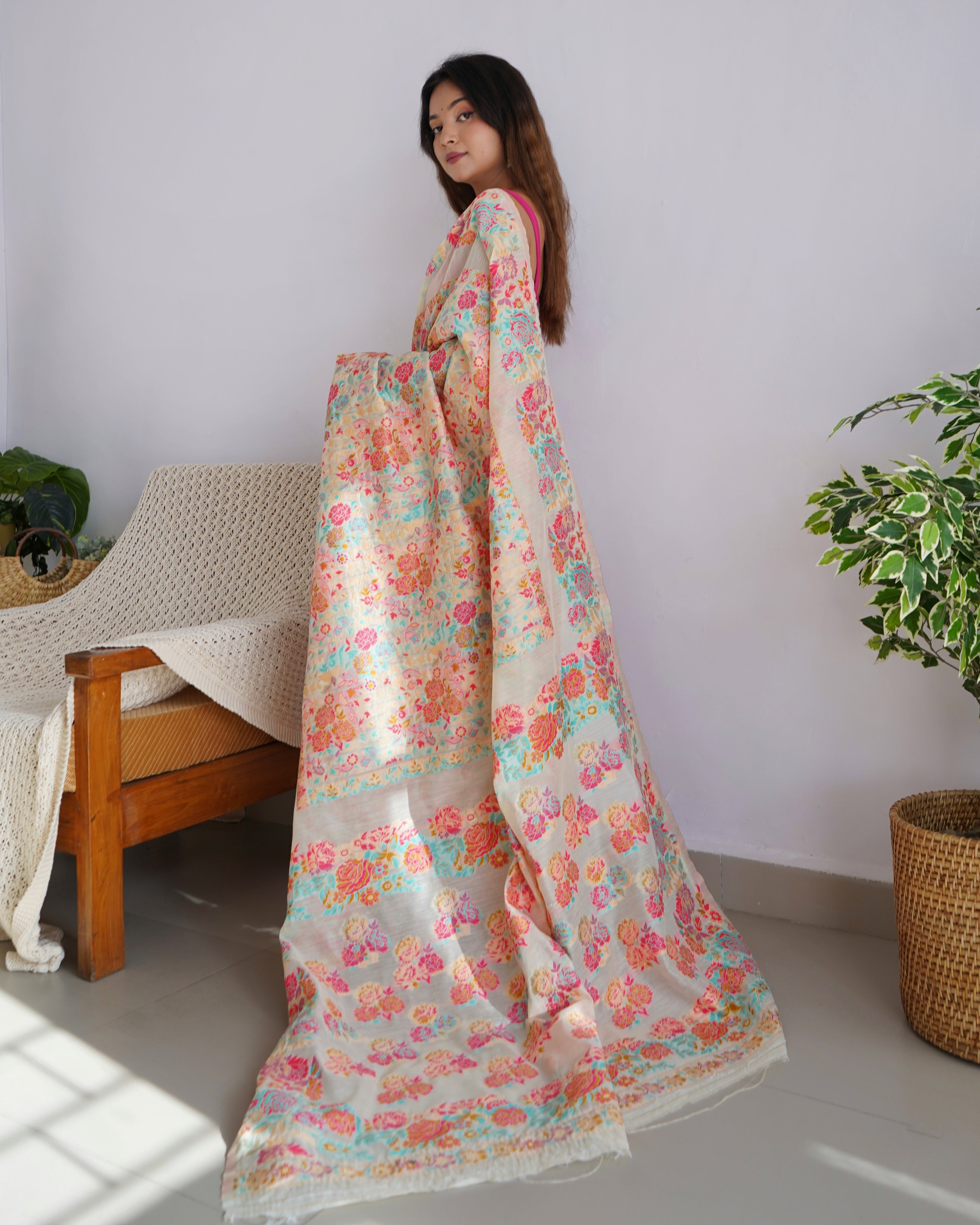 Cotton Kachhi work Multi Thrade Kashmiri Pashmina Saree
