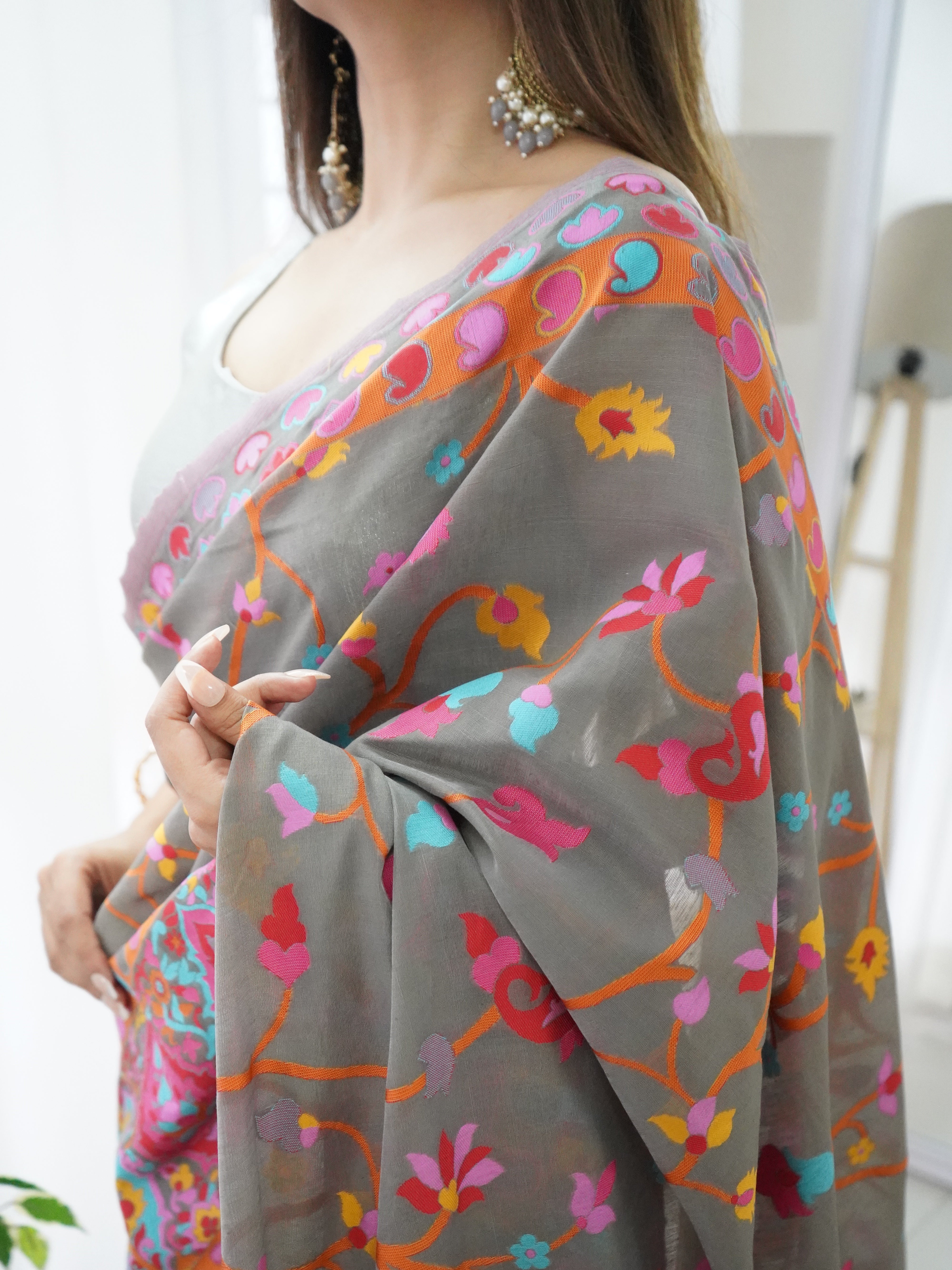 Cotton Kachhi work Multi Thrade Kashmiri Pashmina Saree