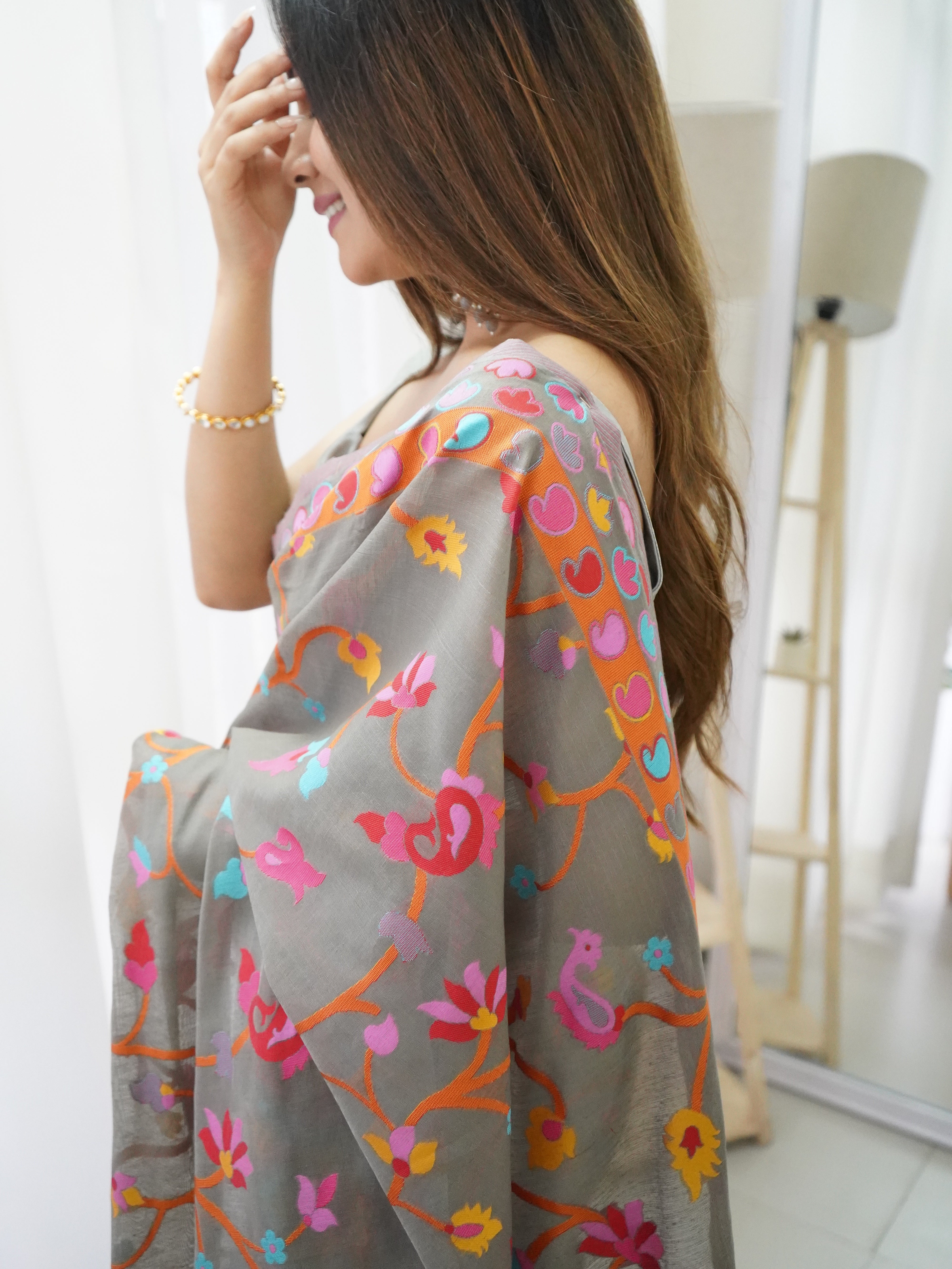 Cotton Kachhi work Multi Thrade Kashmiri Pashmina Saree