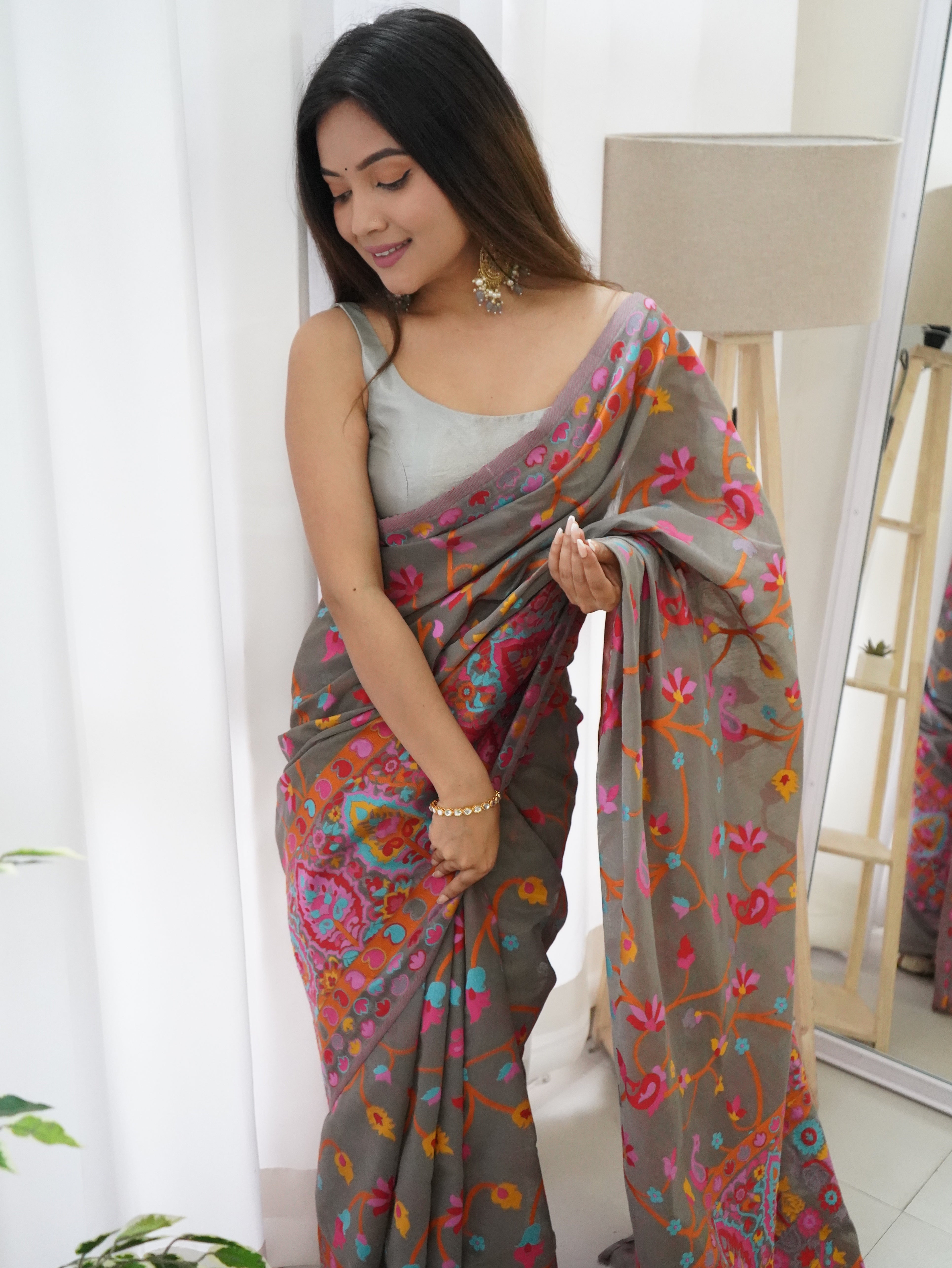 Cotton Kachhi work Multi Thrade Kashmiri Pashmina Saree