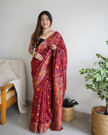 Cotton Kachhi work Multi Thrade Kashmiri Pashmina Saree