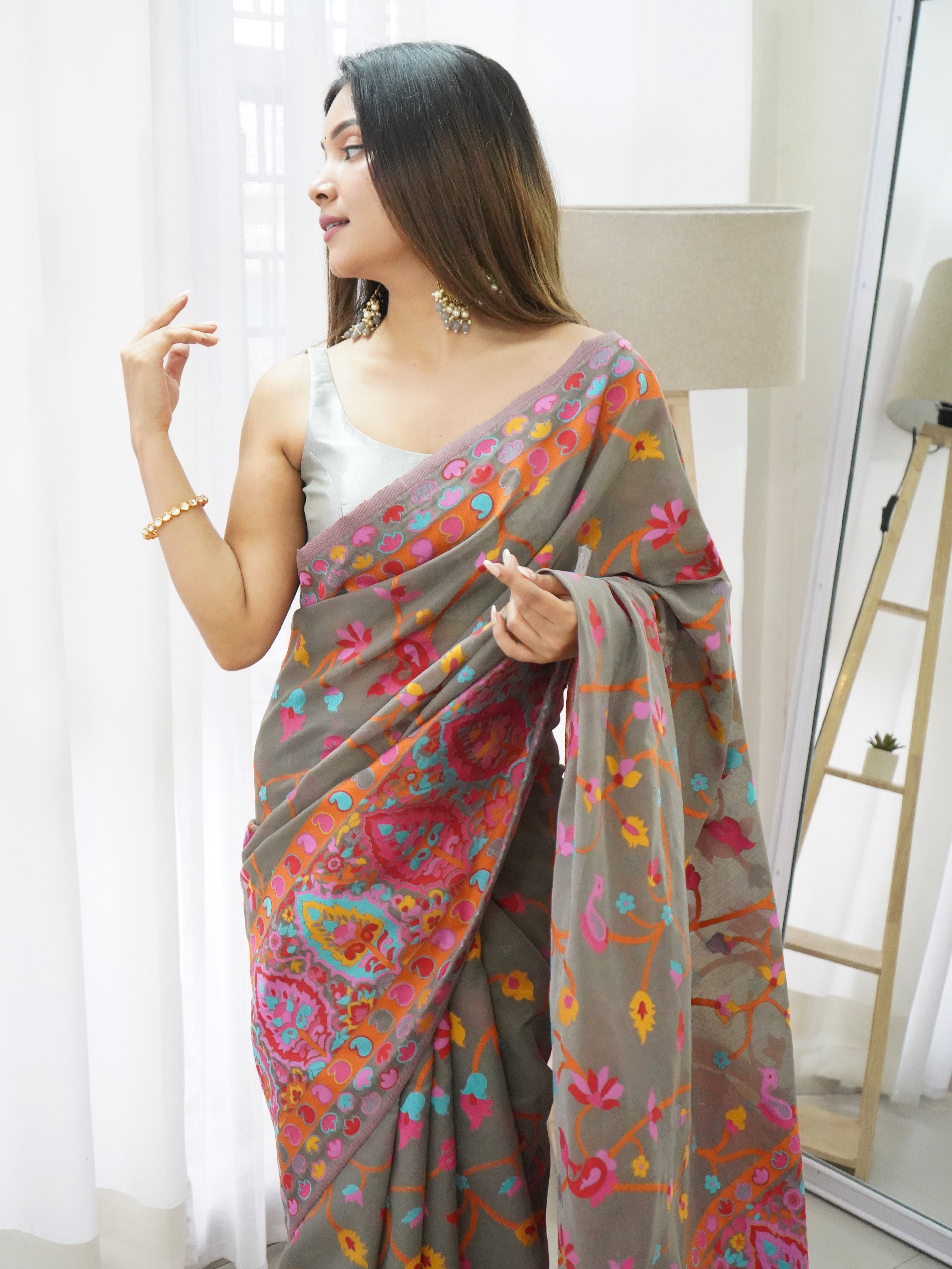 Cotton Kachhi work Multi Thrade Kashmiri Pashmina Saree