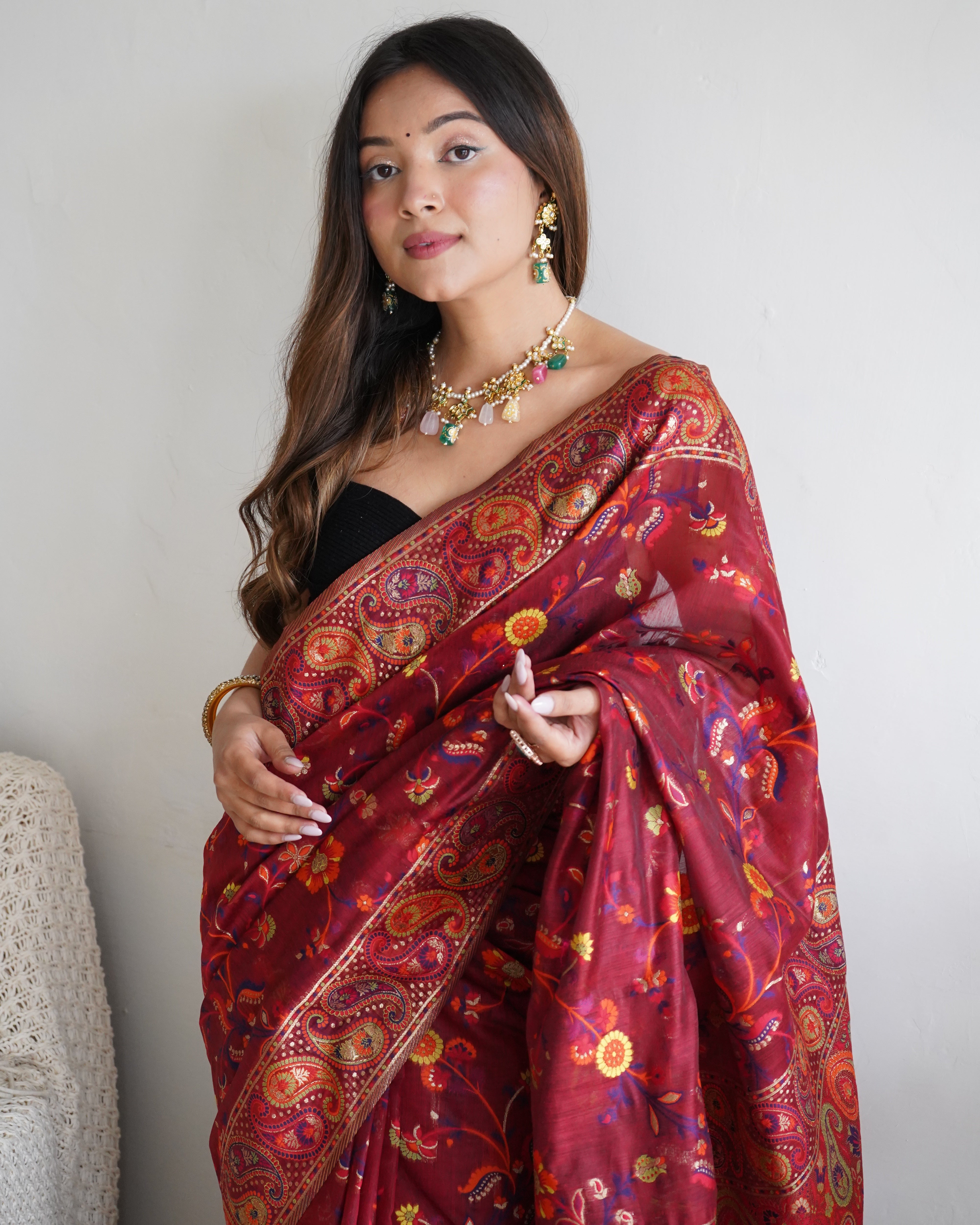 Cotton Kachhi work Multi Thrade Kashmiri Pashmina Saree