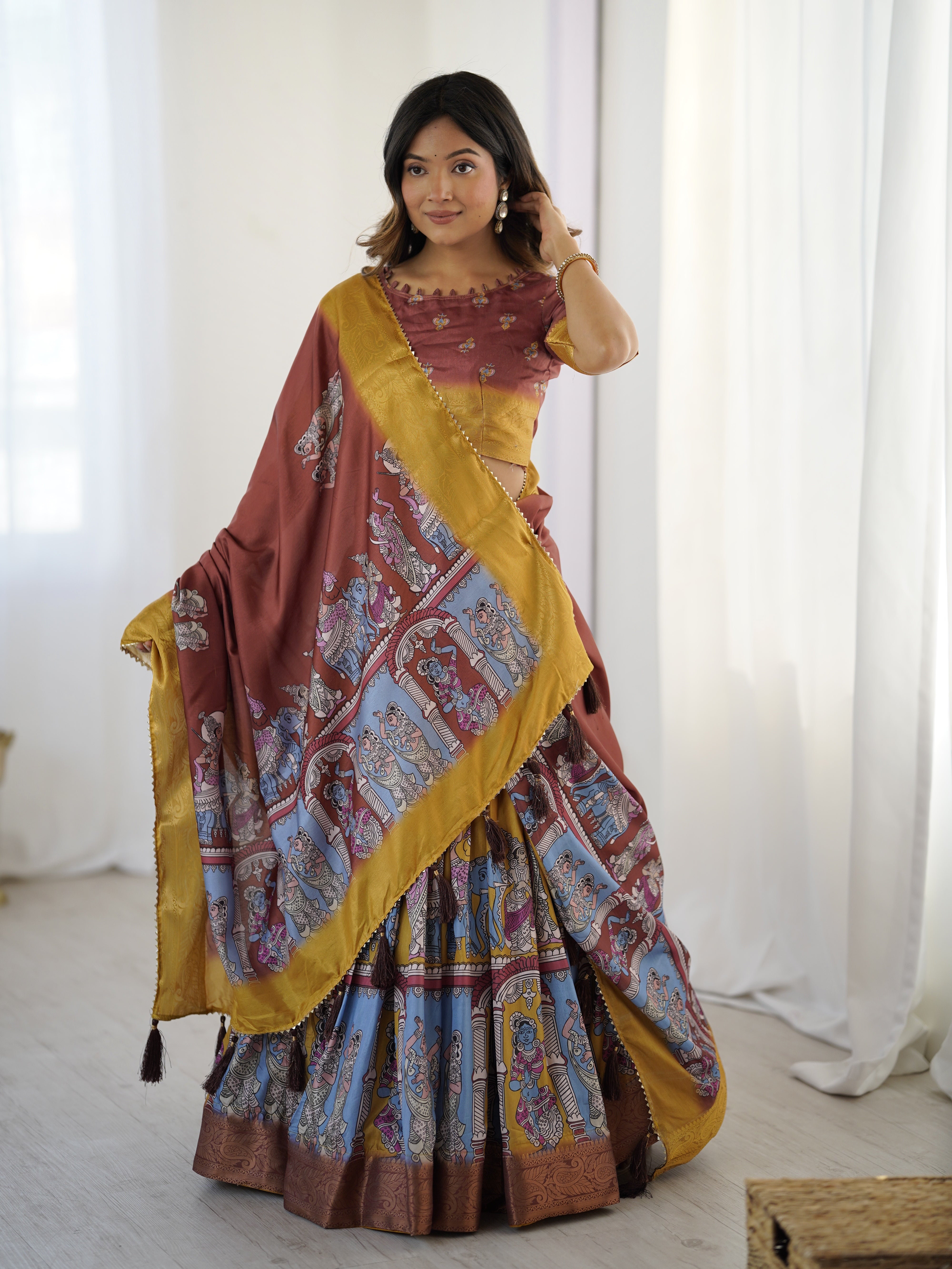 Elegant Kalamkari Lehenga in Maroon and Mustard with Flared Skirt and Dupatta