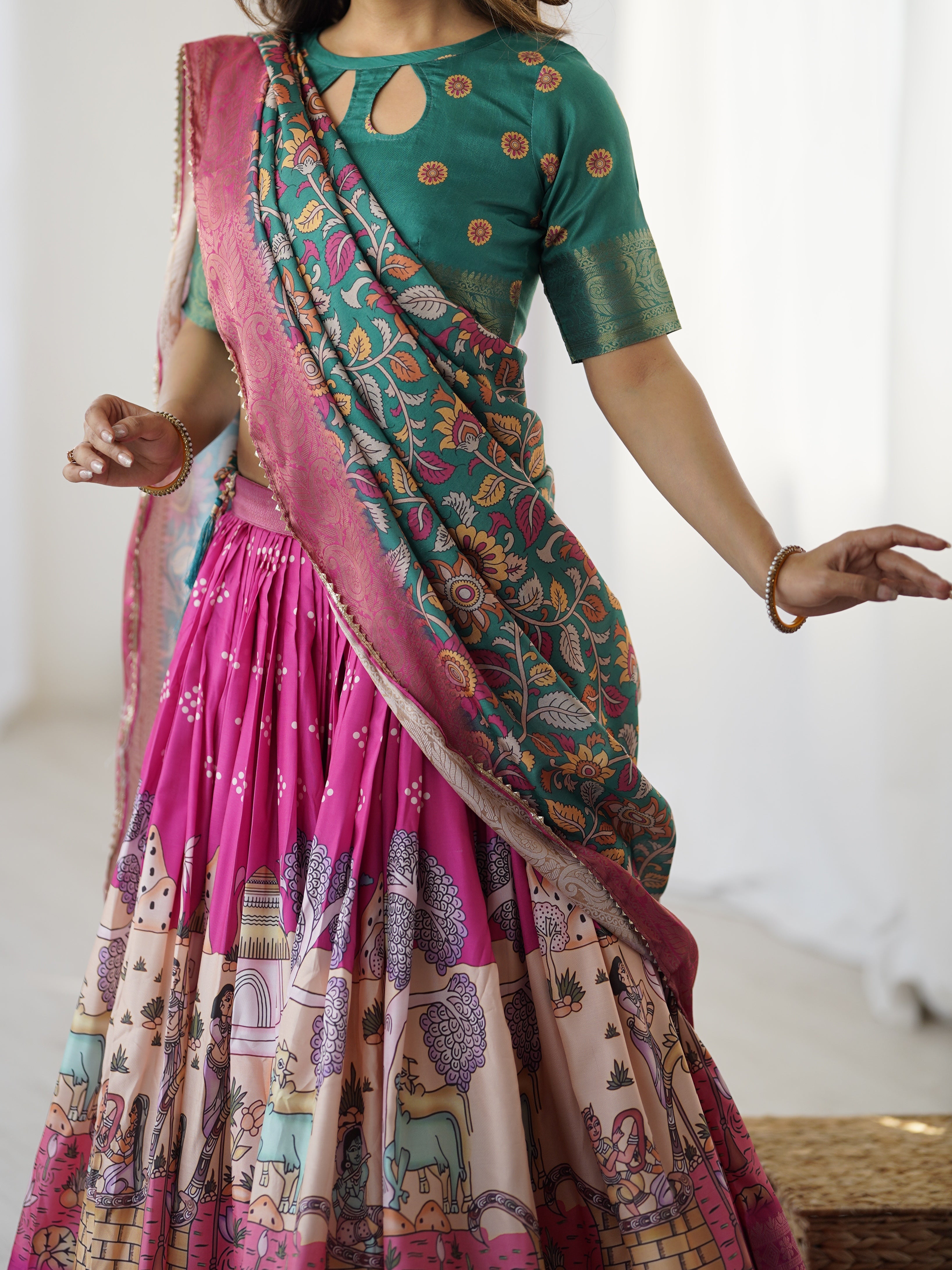 Elegant Kalamkari Lehenga in Fuchsia Pink and Green with Floral Dupatta and Story Print Skirt