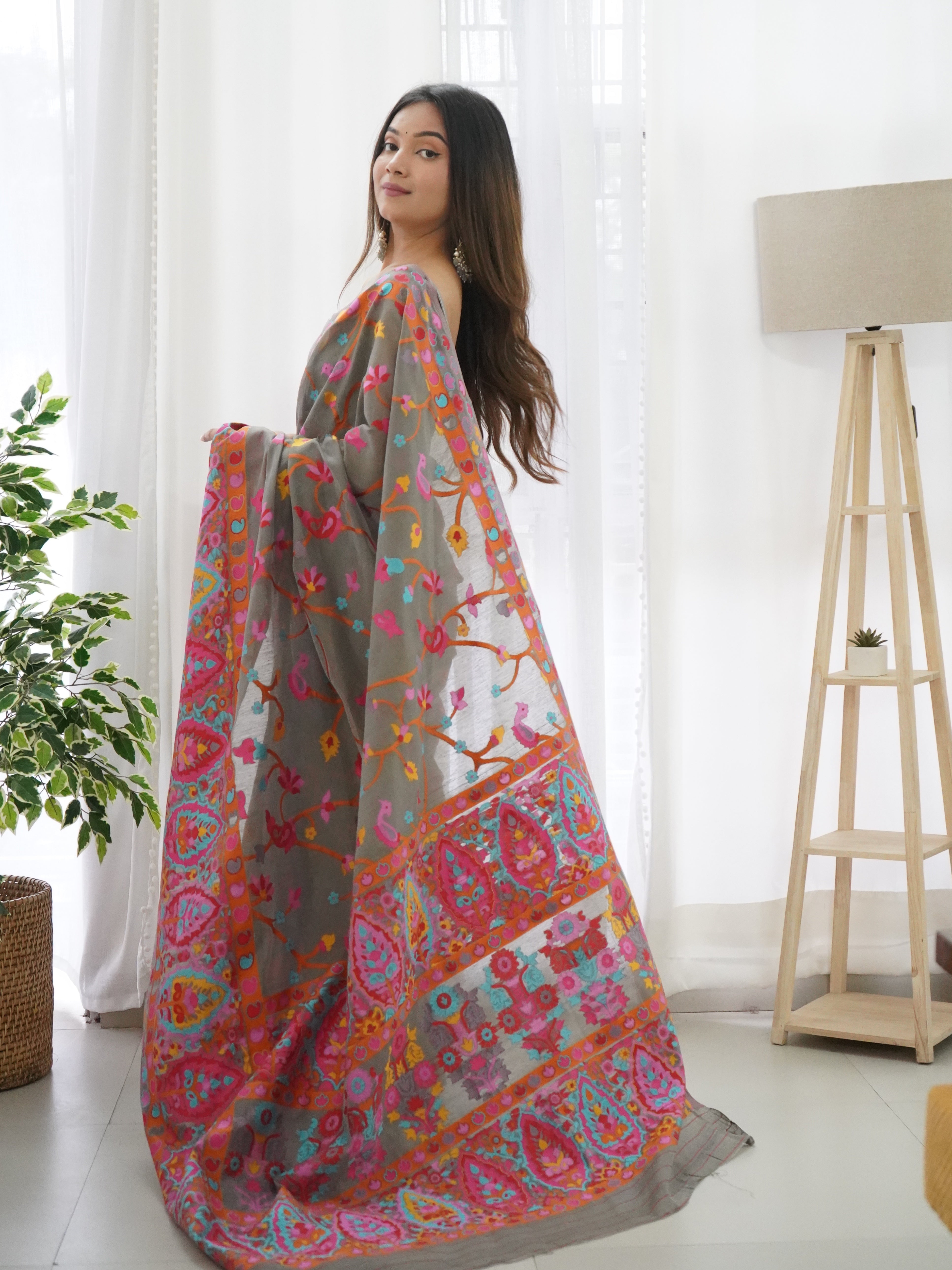 Cotton Kachhi work Multi Thrade Kashmiri Pashmina Saree