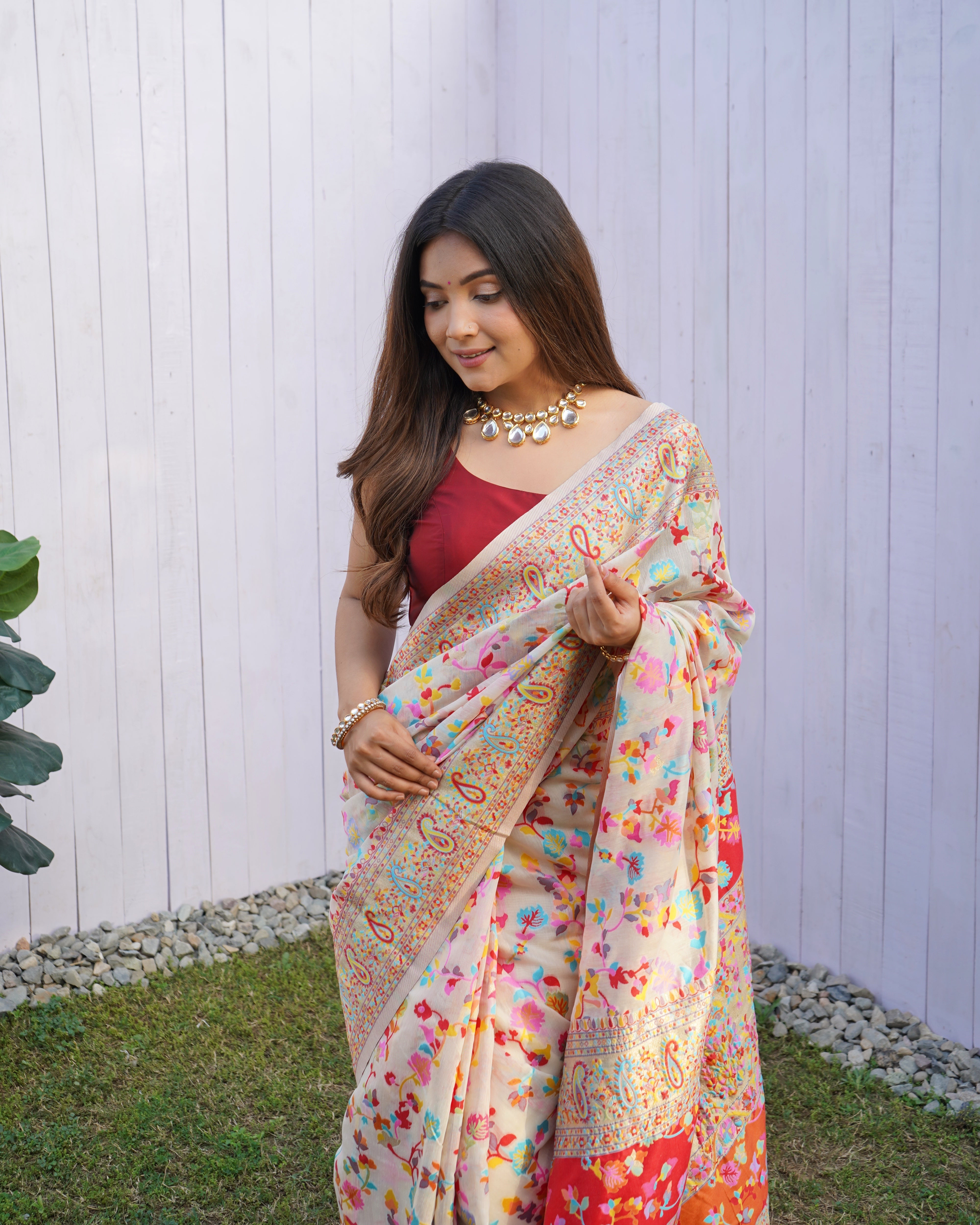 Kashmiri Pashmina Cotton Kachhi Work Multi Thrade Saree
