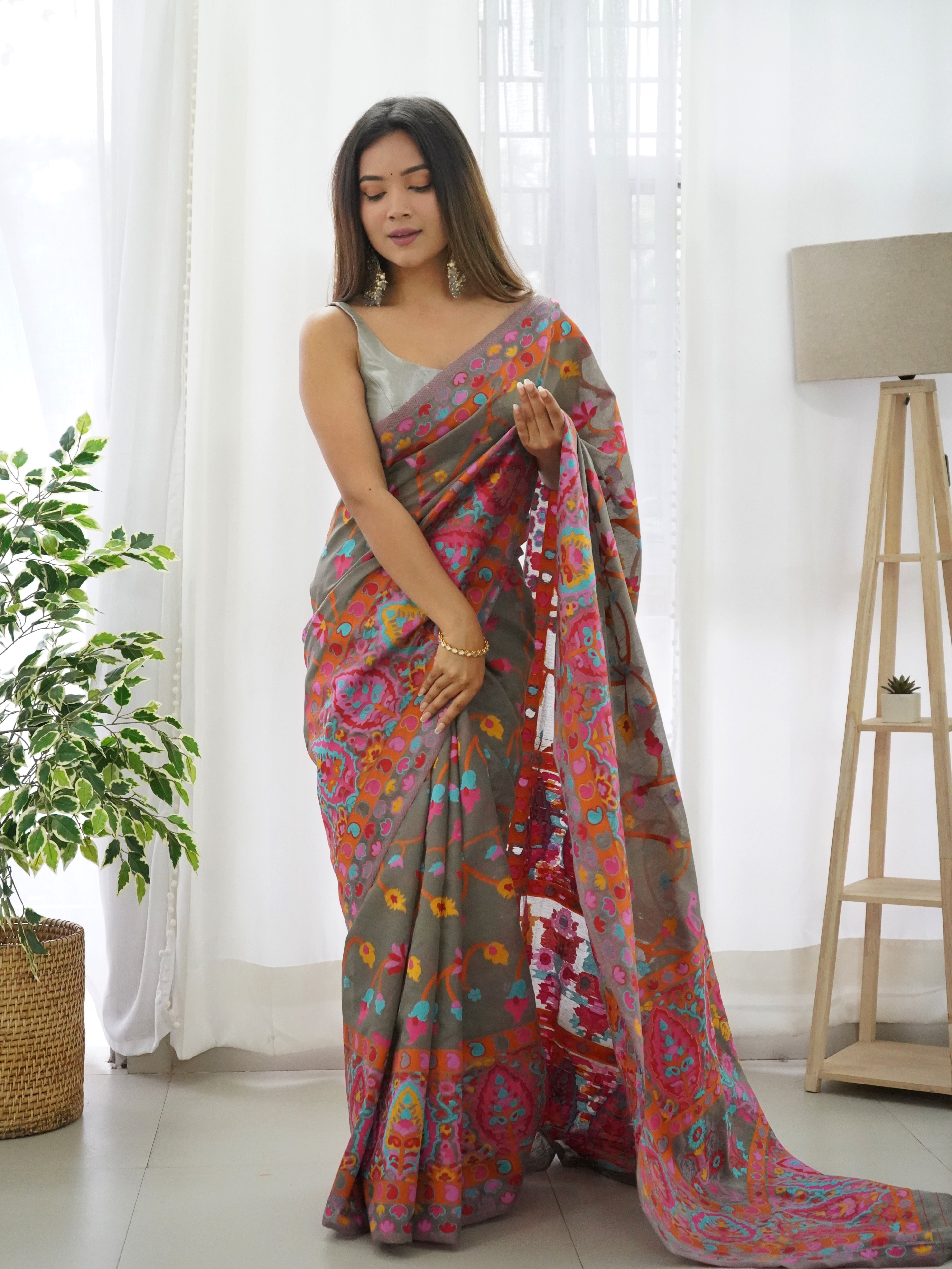 Cotton Kachhi work Multi Thrade Kashmiri Pashmina Saree