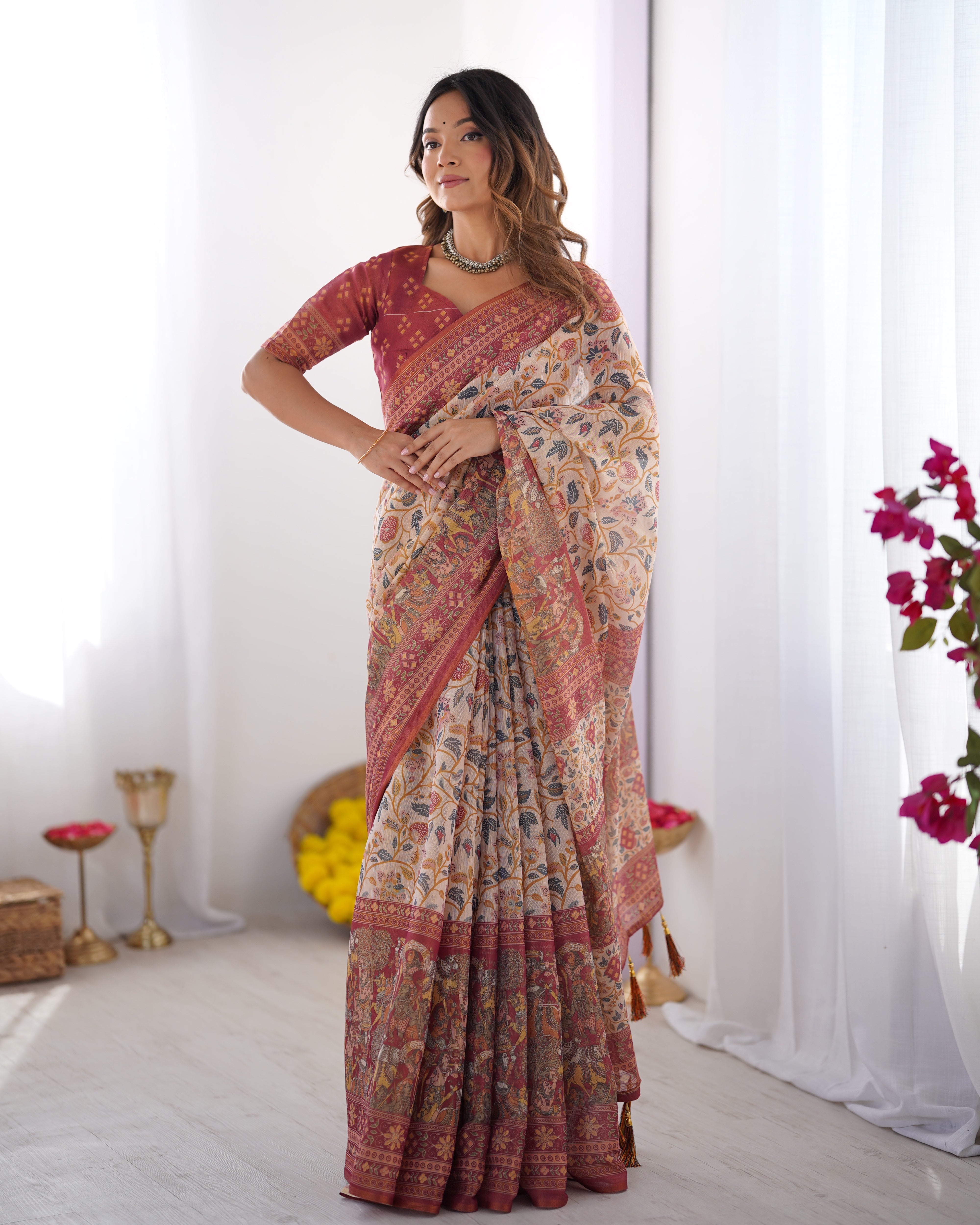 Handloom Beige Cotton Saree with Maroon Blouse, Pomegranate Floral Print & Village Tale Pallu
