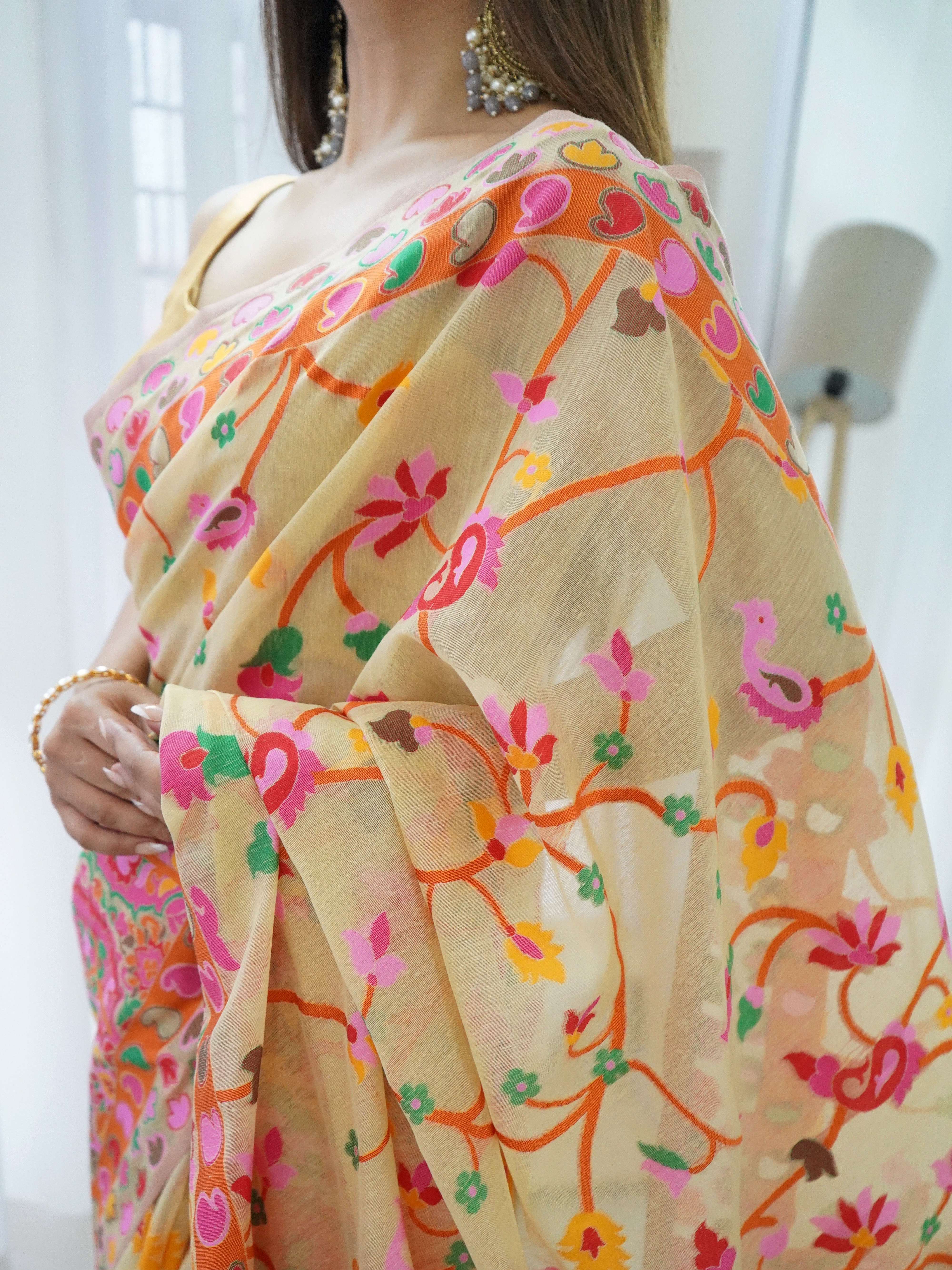 Cotton Kachhi work Multi Thrade Kashmiri Pashmina Saree