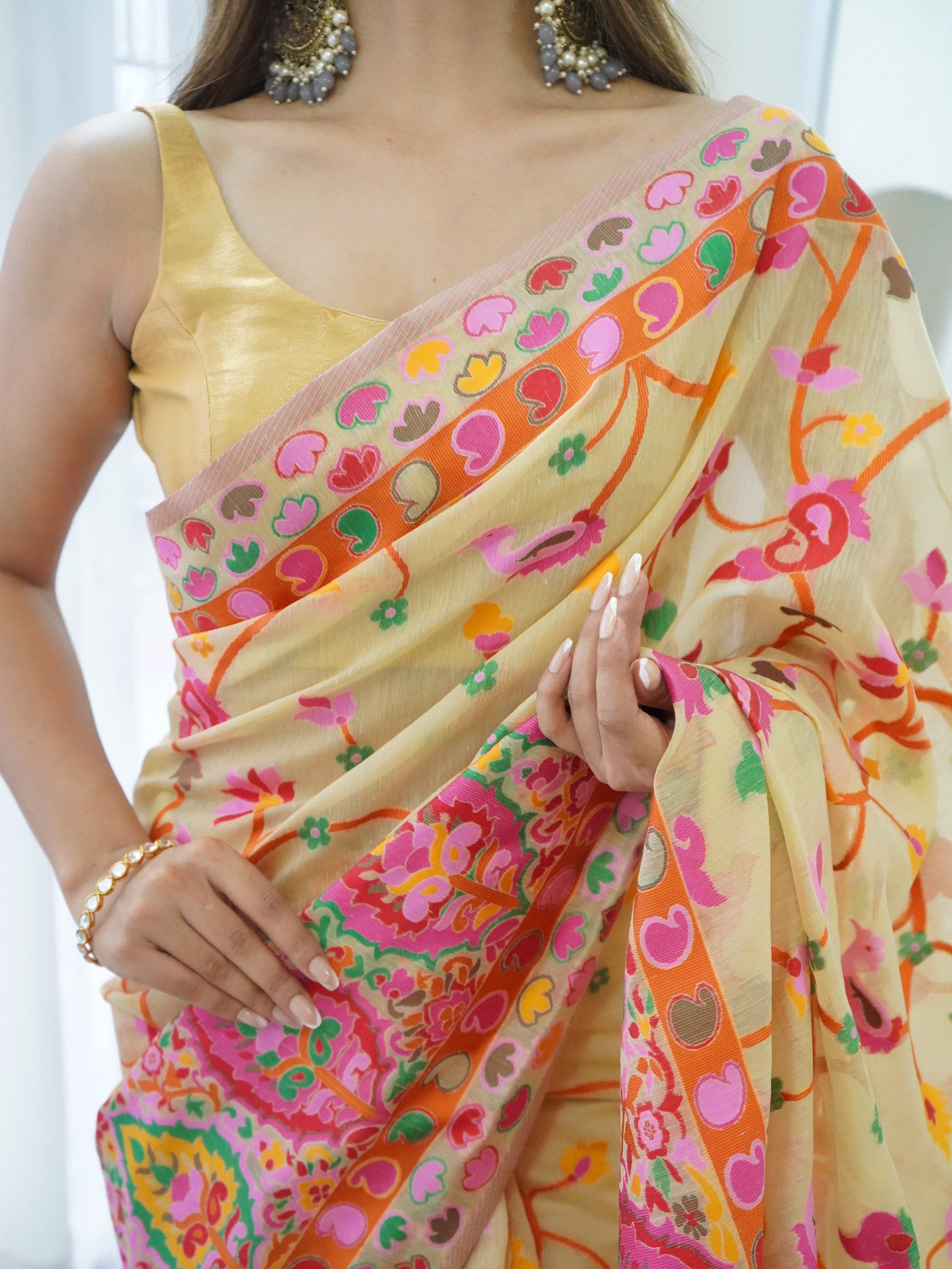 Cotton Kachhi work Multi Thrade Kashmiri Pashmina Saree