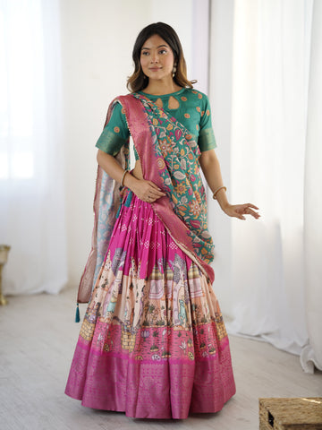 Elegant Kalamkari Lehenga in Fuchsia Pink and Green with Floral Dupatta and Story Print Skirt