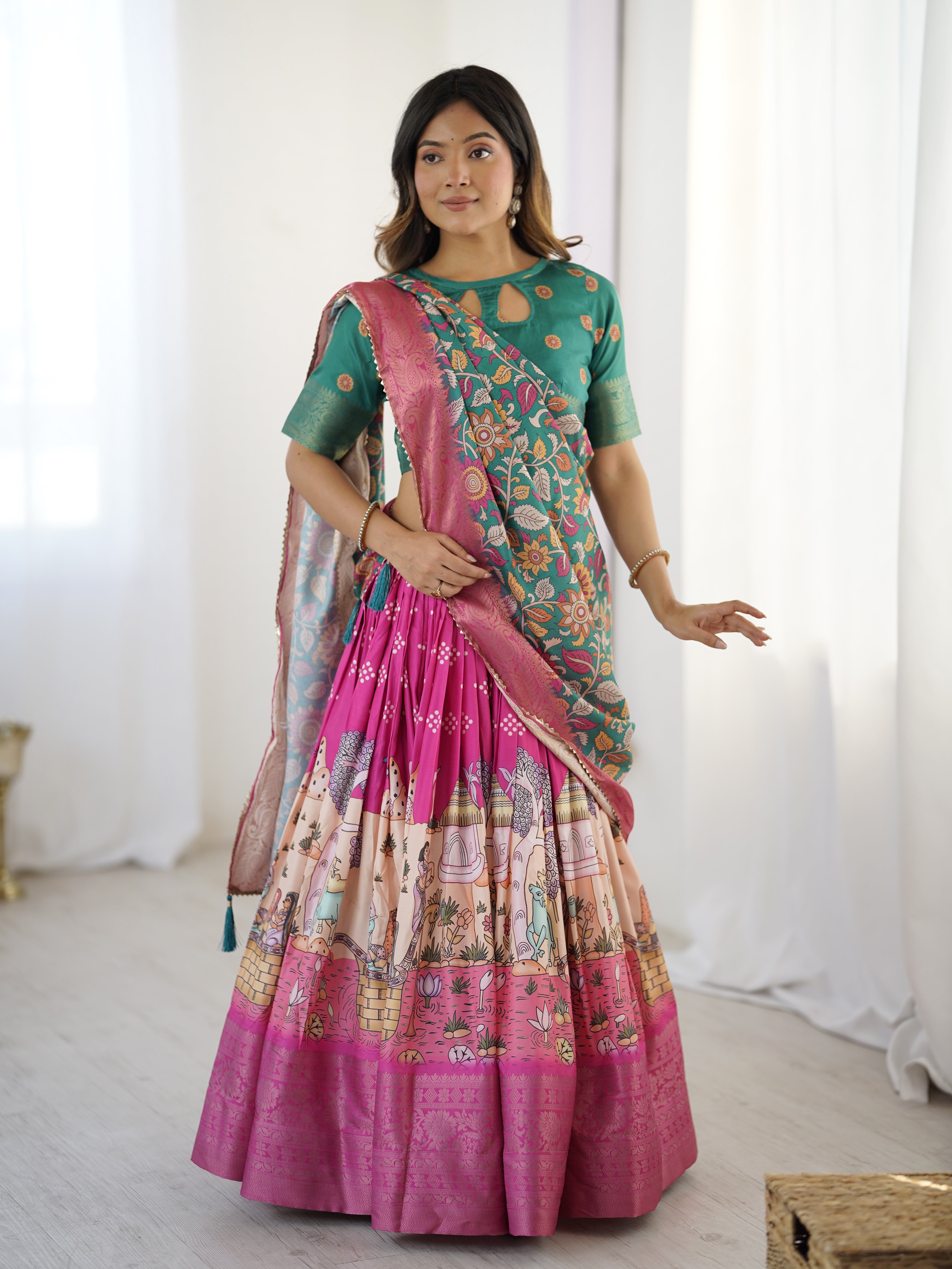 Elegant Kalamkari Lehenga in Fuchsia Pink and Green with Floral Dupatta and Story Print Skirt