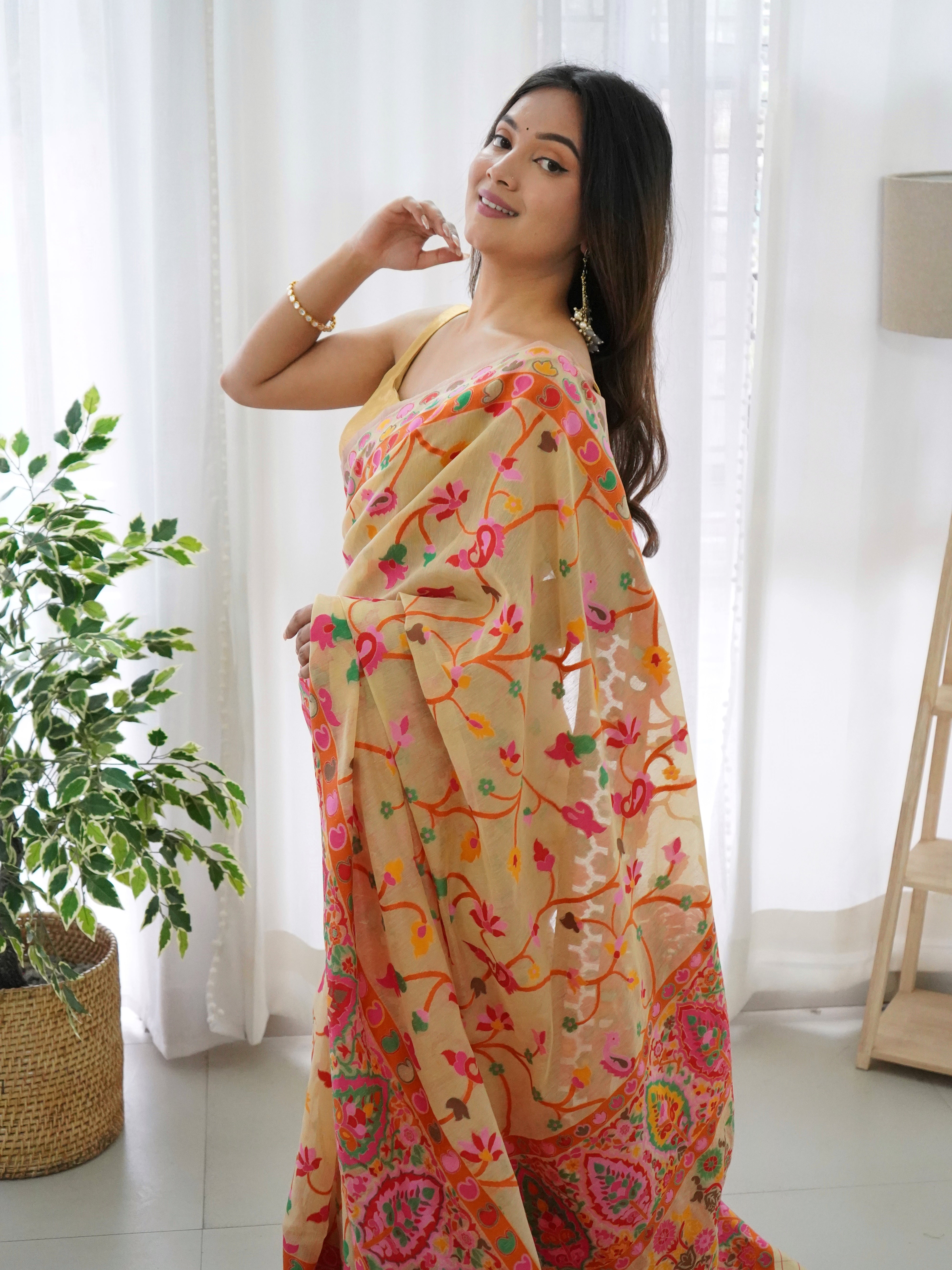 Cotton Kachhi work Multi Thrade Kashmiri Pashmina Saree