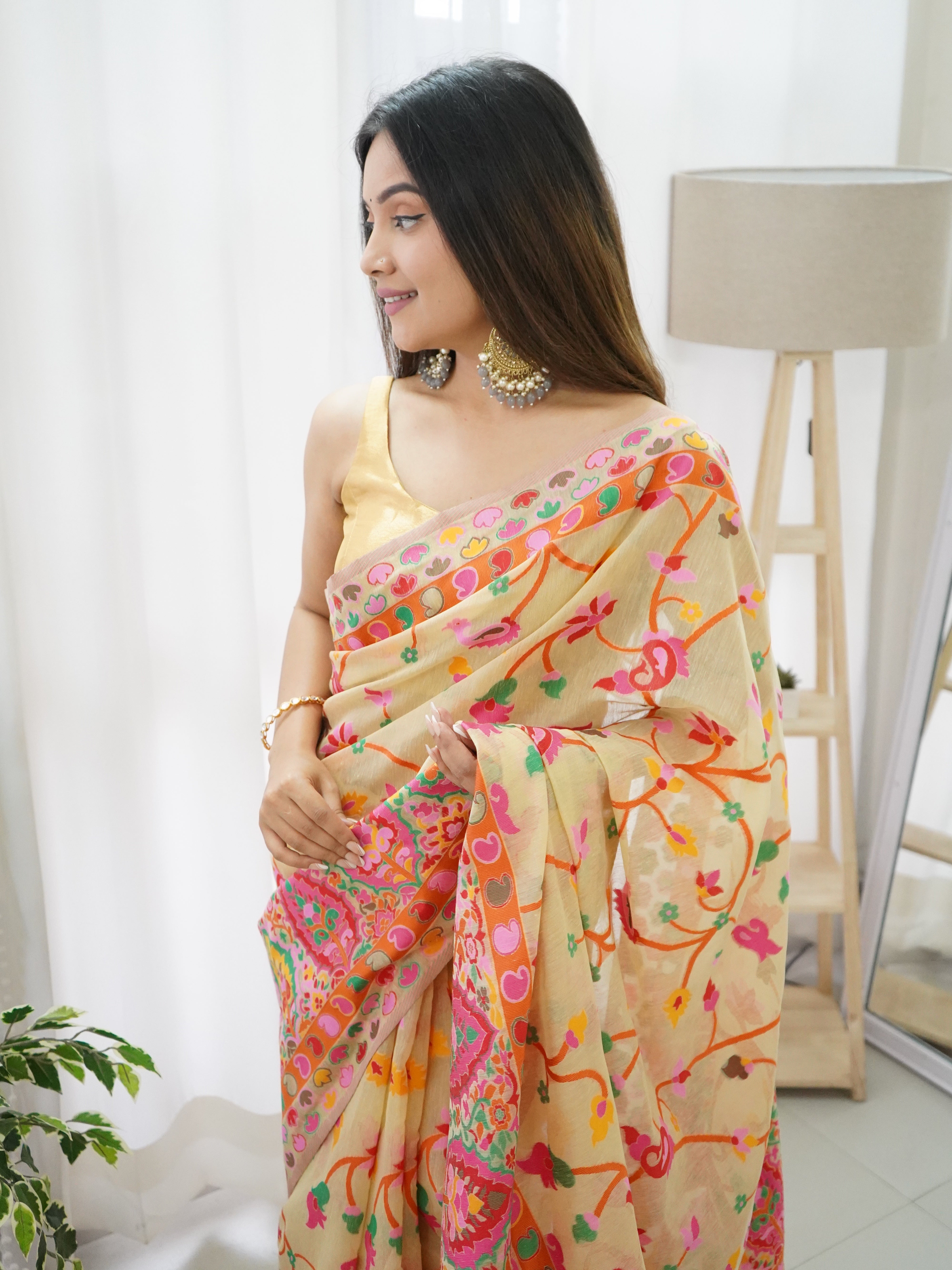 Cotton Kachhi work Multi Thrade Kashmiri Pashmina Saree