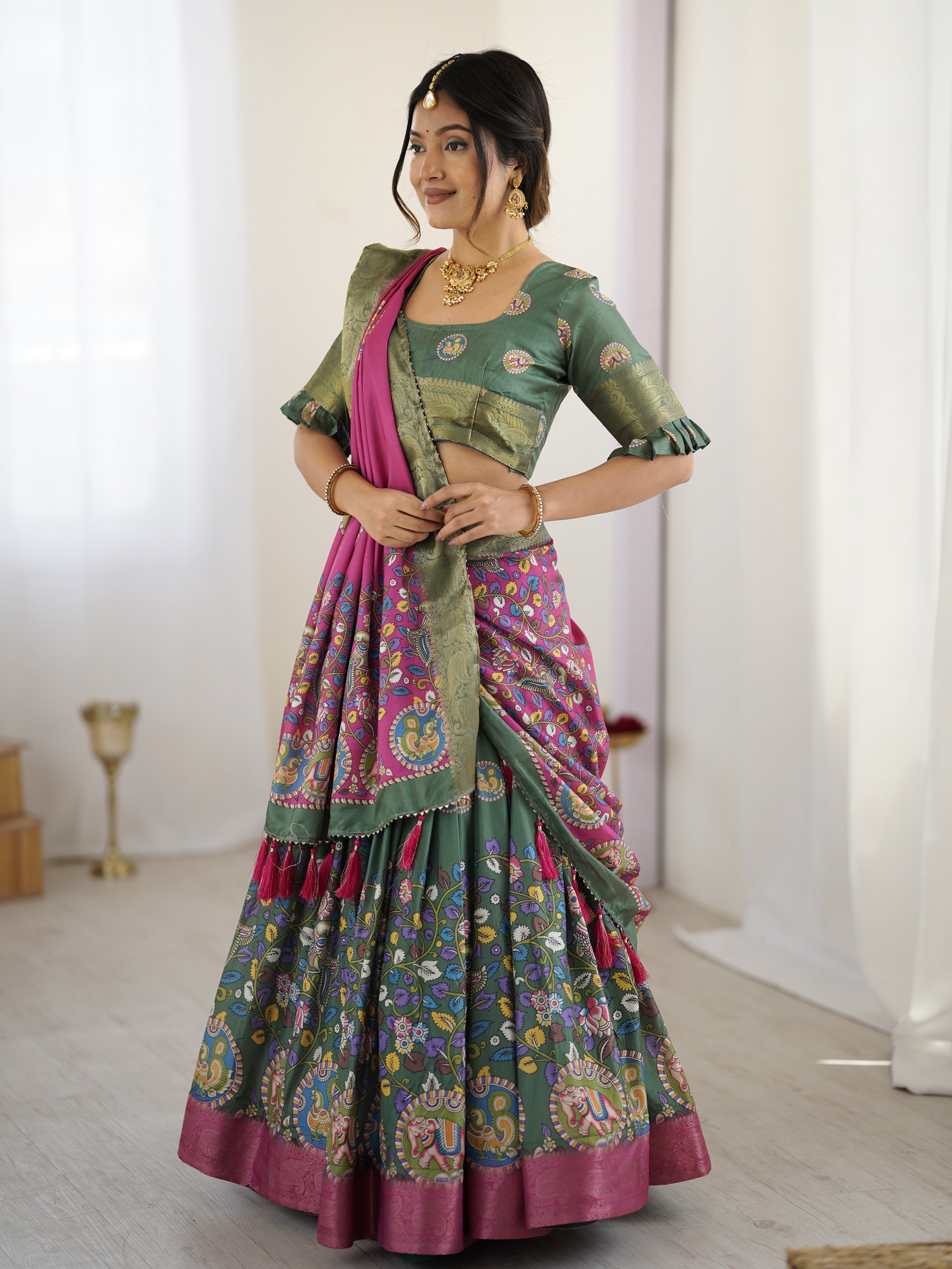 Green & Pink Kalamkari Tussar Silk Lehenga with Zari Border & Tassel Dupatta – Festive & Wedding Wear