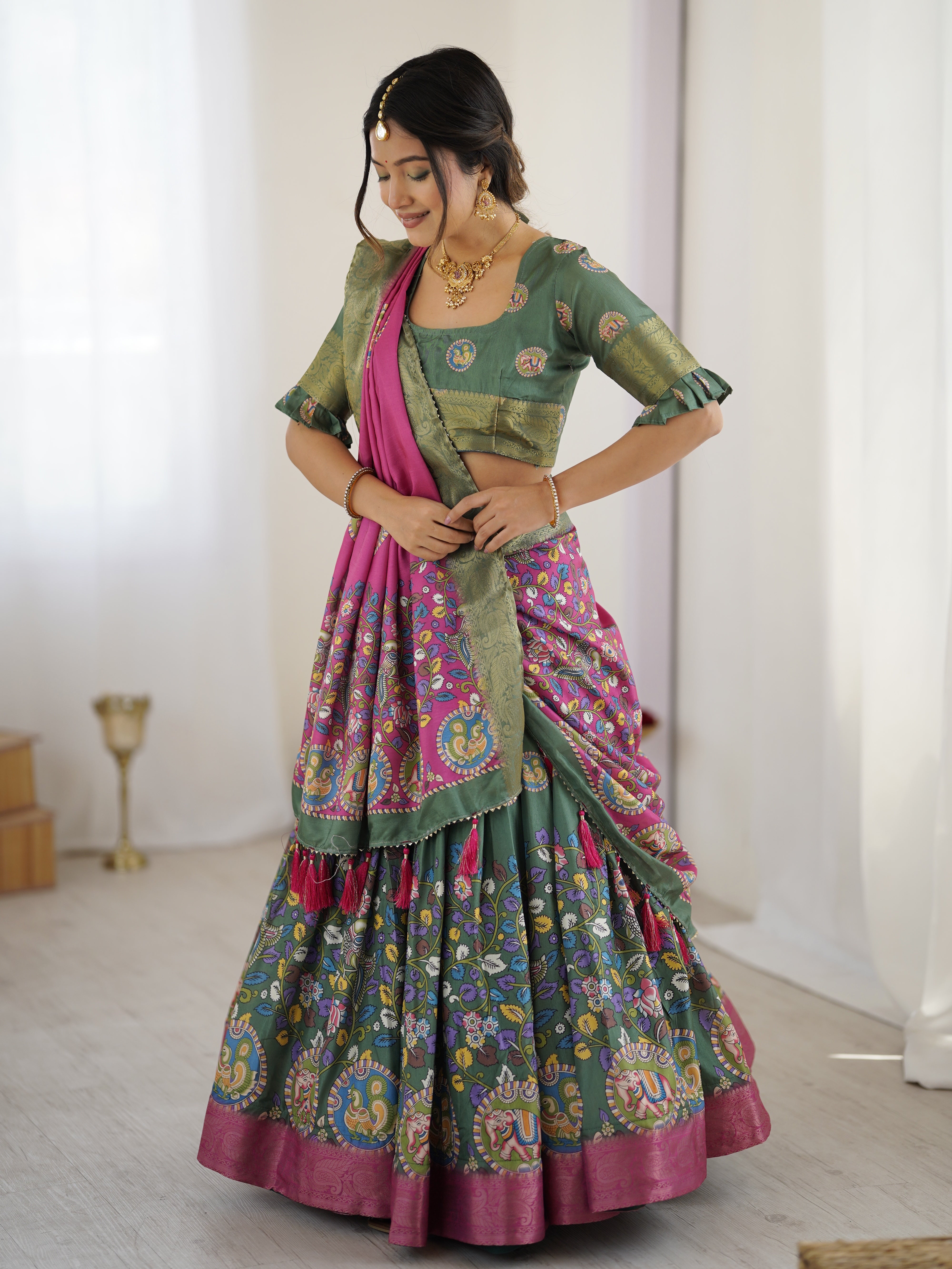 Green & Pink Kalamkari Tussar Silk Lehenga with Zari Border & Tassel Dupatta – Festive & Wedding Wear