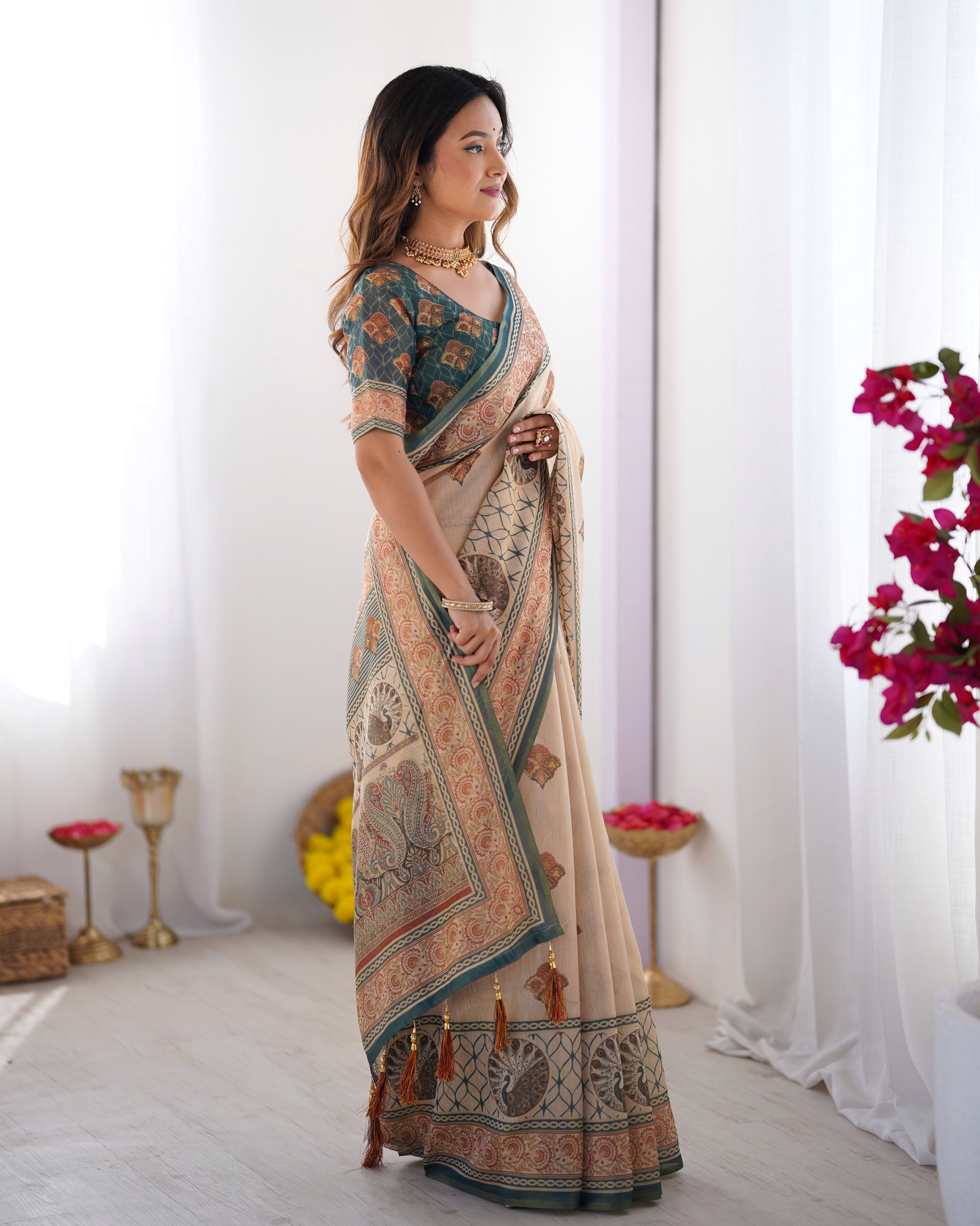 Ivory & Teal Handloom Cotton Saree with Buti Print, Mandala Motifs & Peacock Pallu