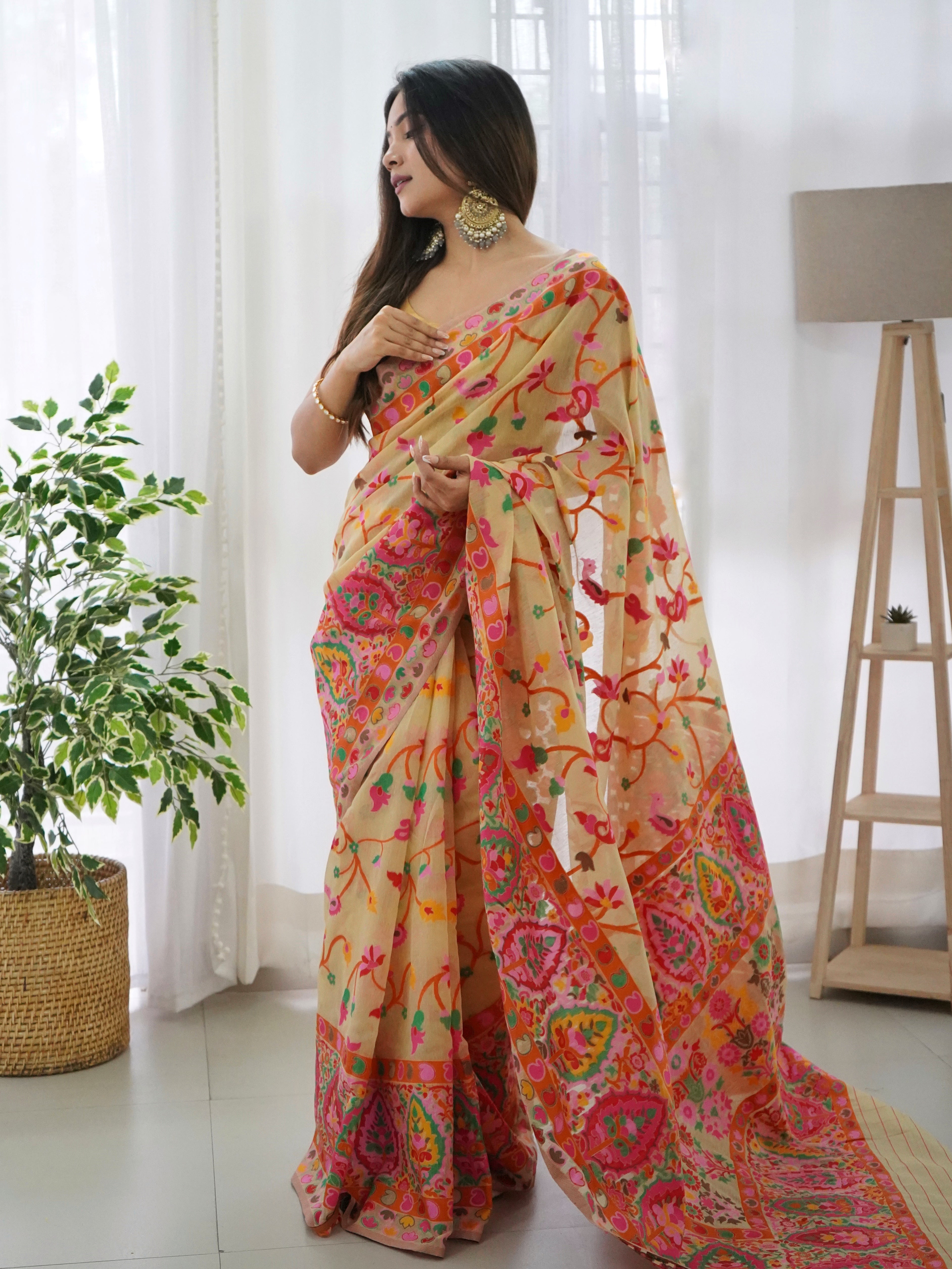 Cotton Kachhi work Multi Thrade Kashmiri Pashmina Saree