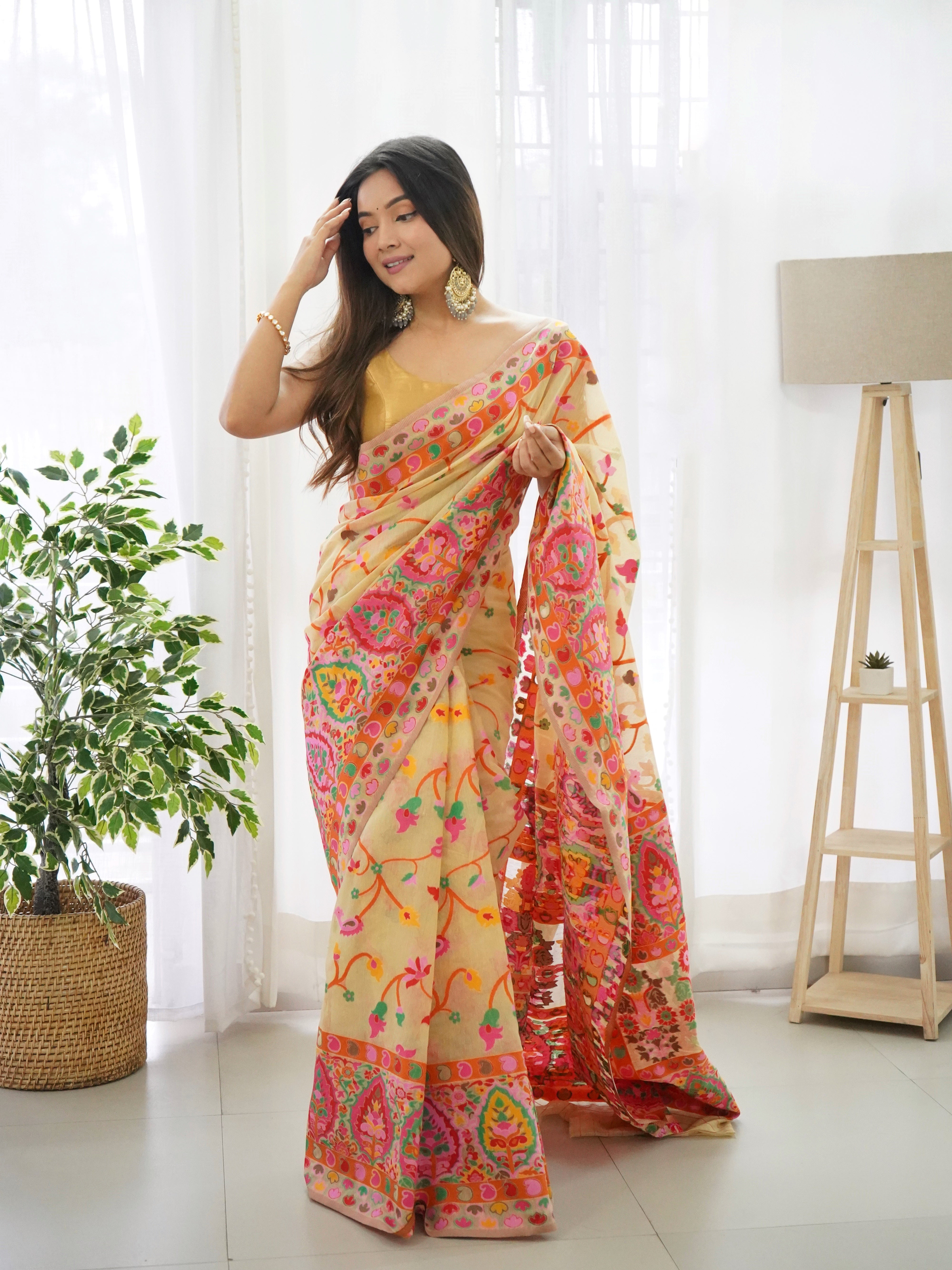 Cotton Kachhi work Multi Thrade Kashmiri Pashmina Saree