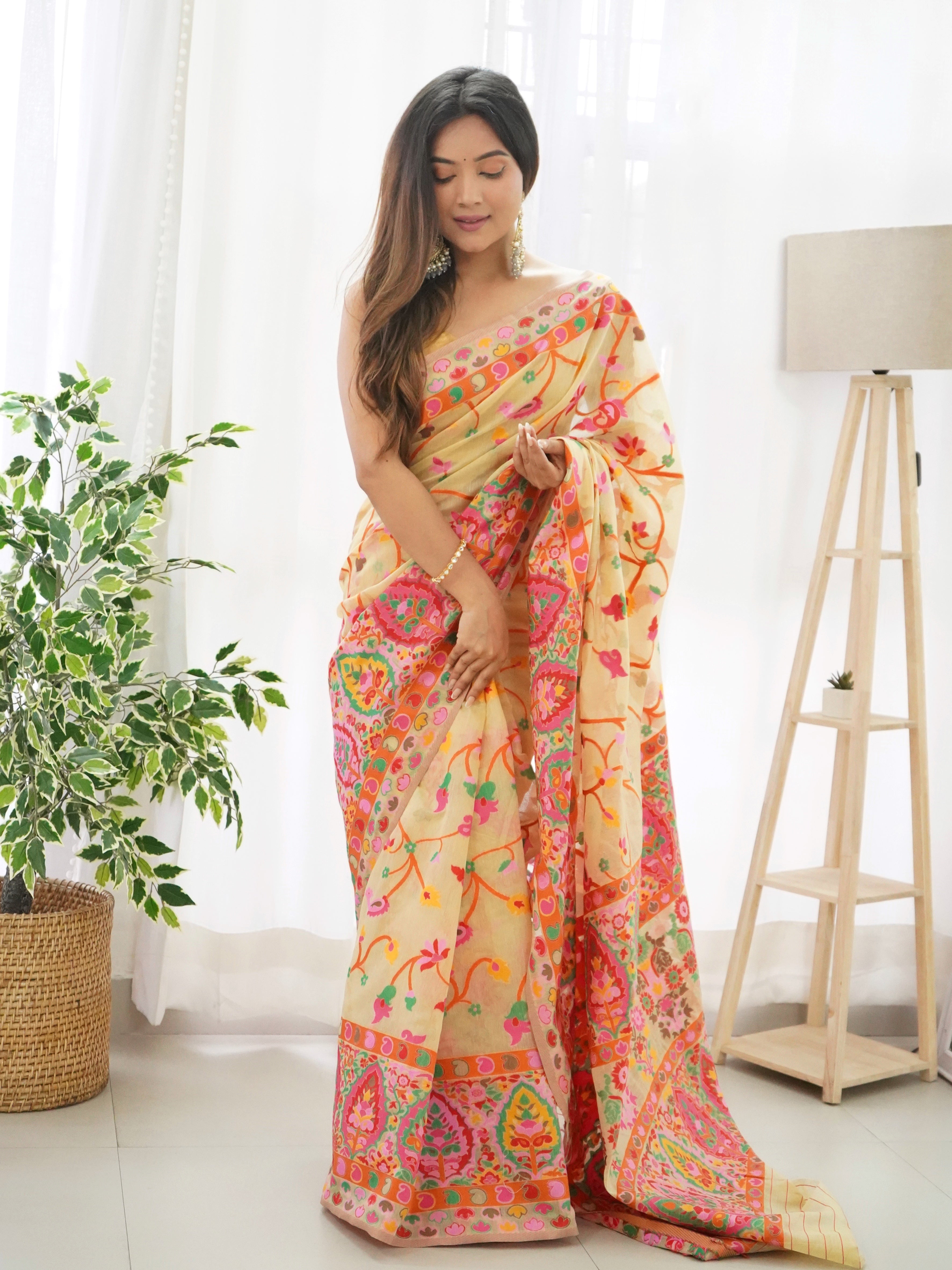 Cotton Kachhi work Multi Thrade Kashmiri Pashmina Saree