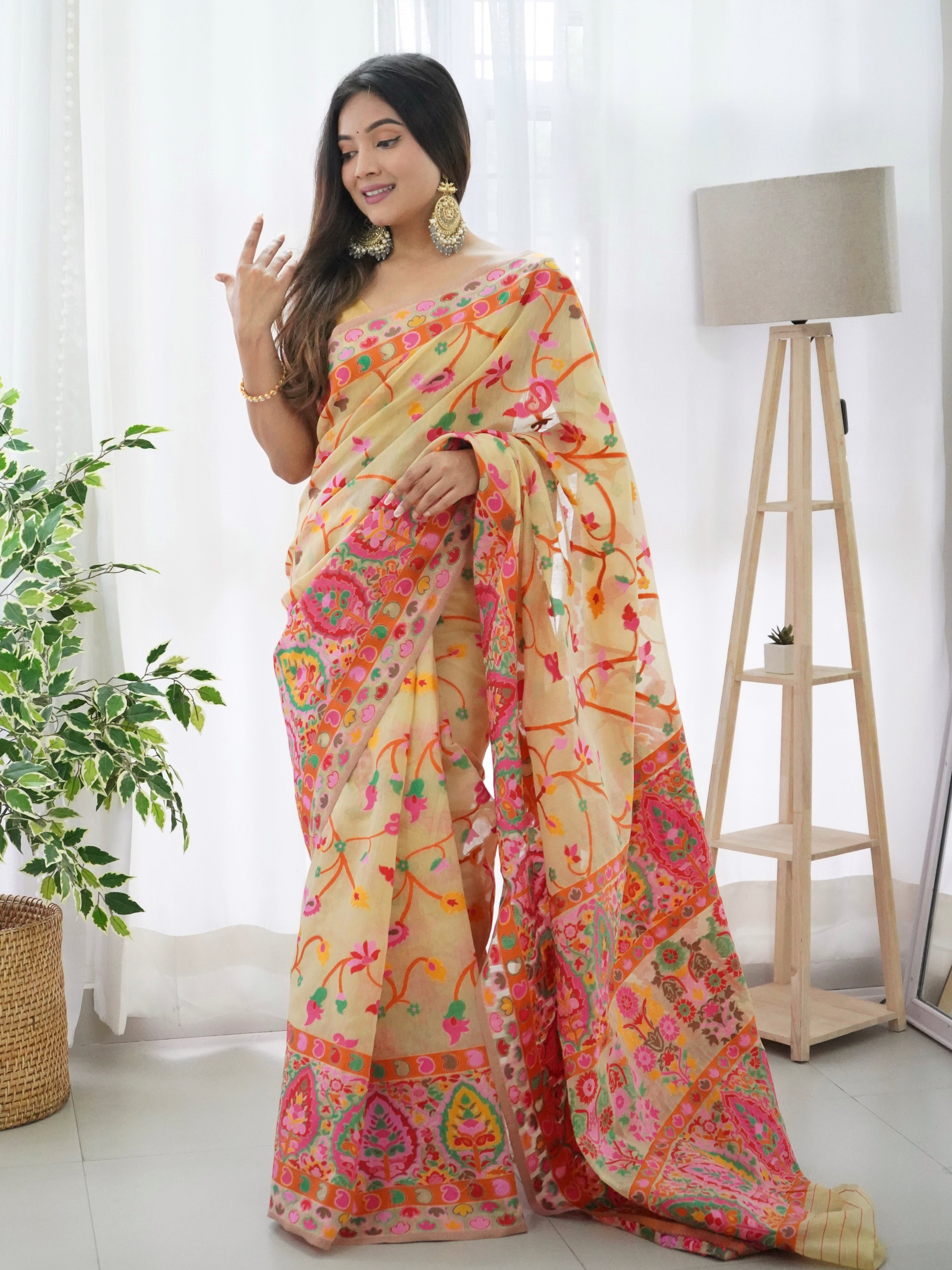 Cotton Kachhi work Multi Thrade Kashmiri Pashmina Saree