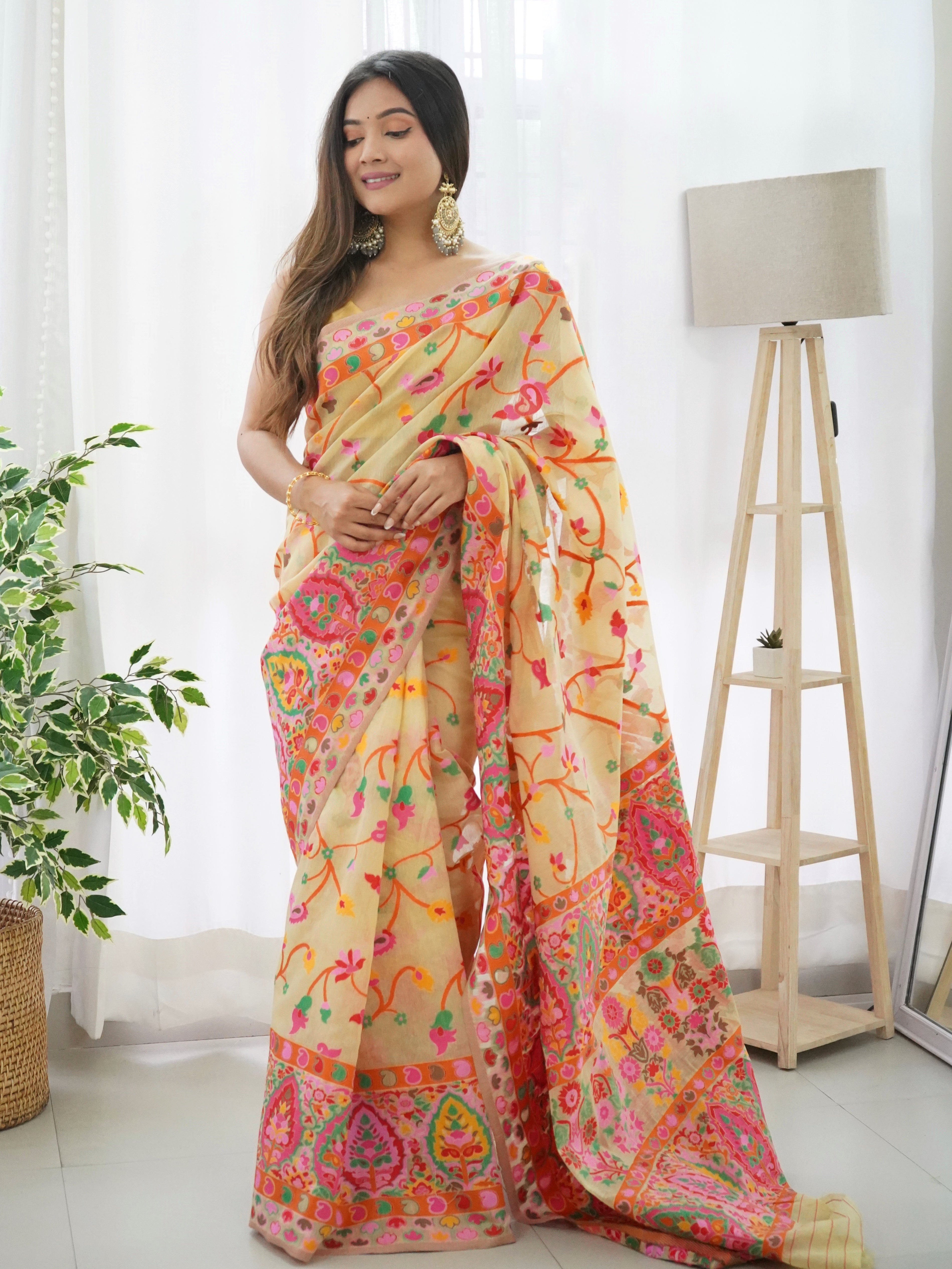 Cotton Kachhi work Multi Thrade Kashmiri Pashmina Saree