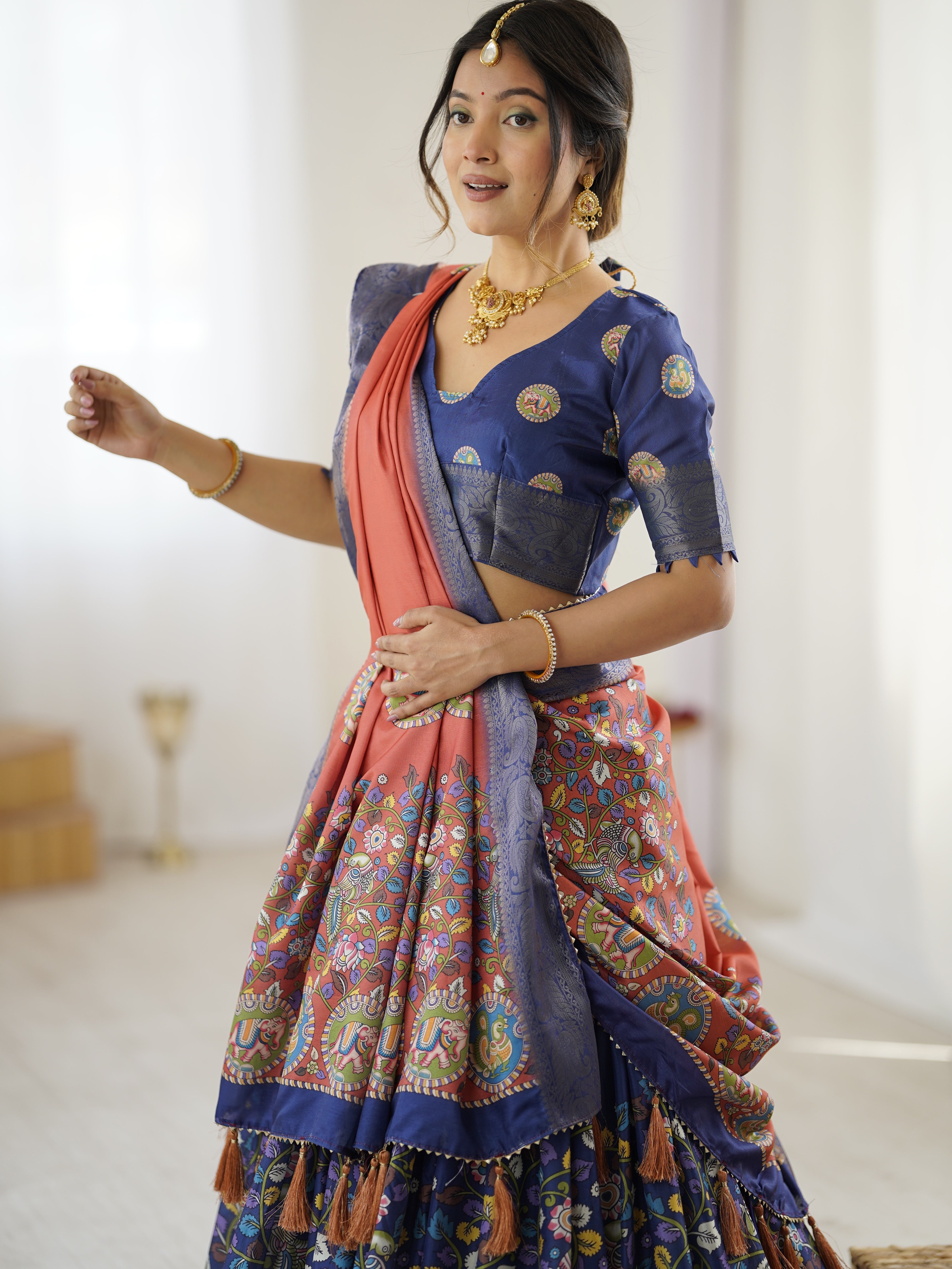 Royal Blue & Rust Kalamkari Tussar Silk Lehenga with Zari Border & Tassel Dupatta – Traditional Wedding & Festive Wear