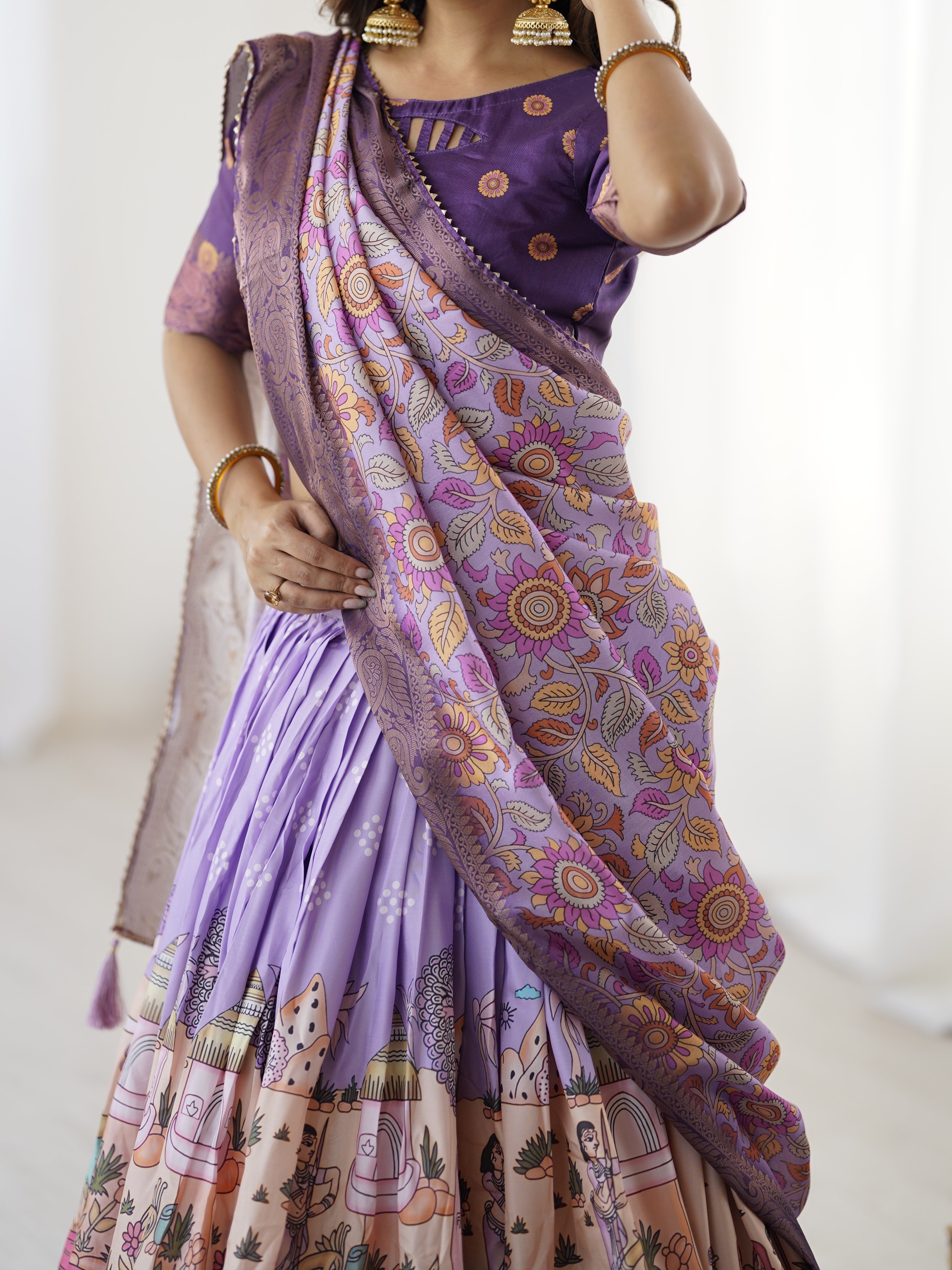 Elegant Kalamkari Lehenga in Lavender and Purple with Mythical Print and Floral Dupatta