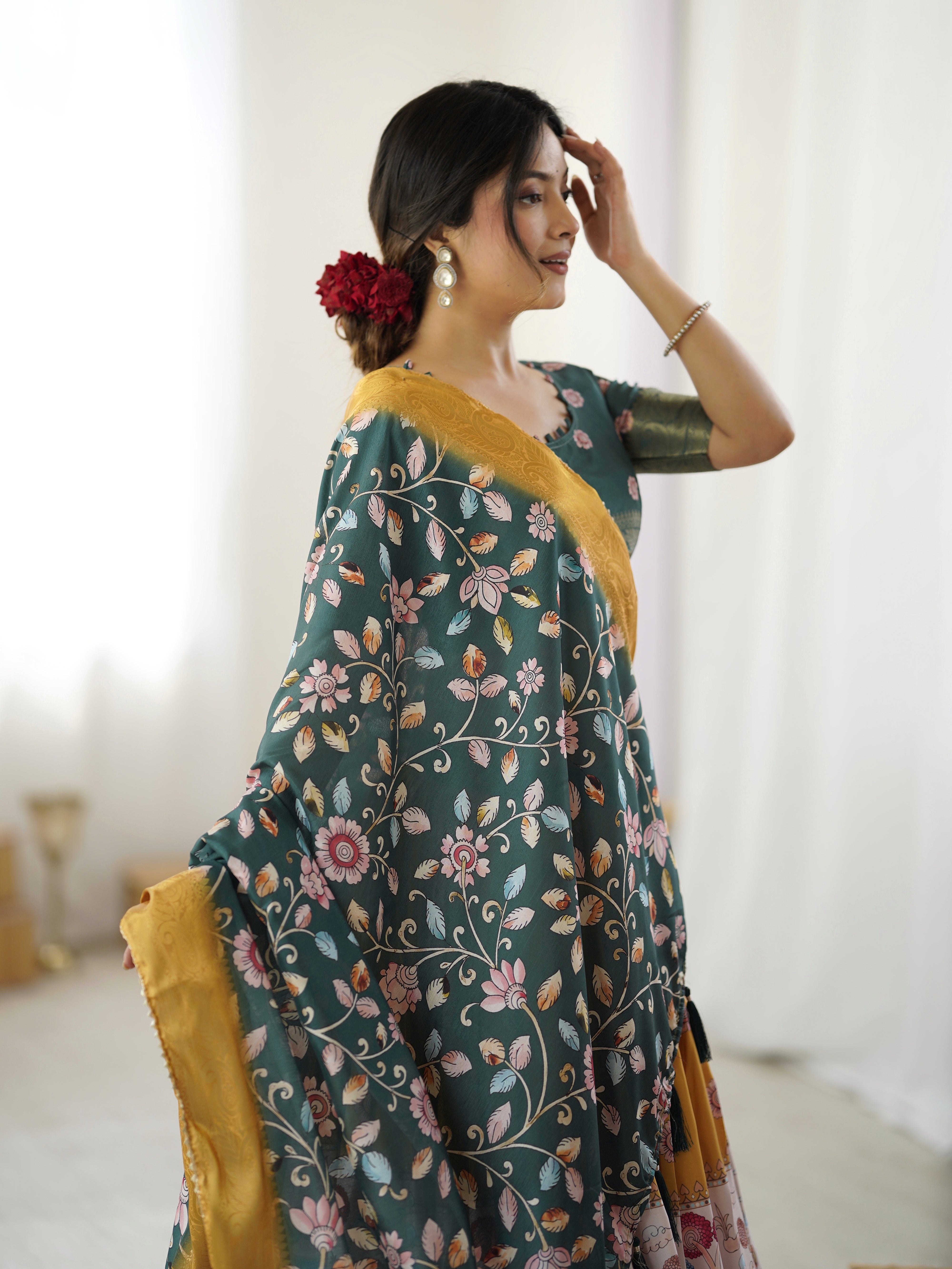 Bottle Green Kalamkari Flared Lehenga with Mustard Dupatta