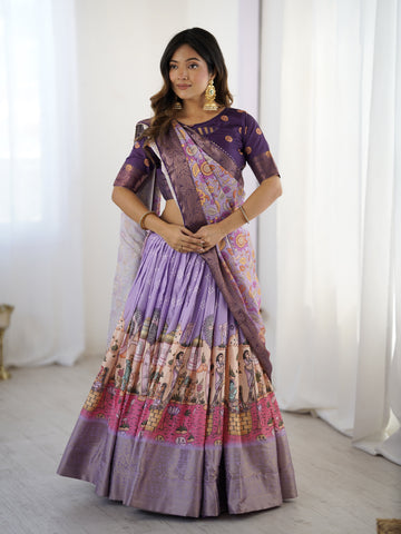 Elegant Kalamkari Lehenga in Lavender and Purple with Mythical Print and Floral Dupatta