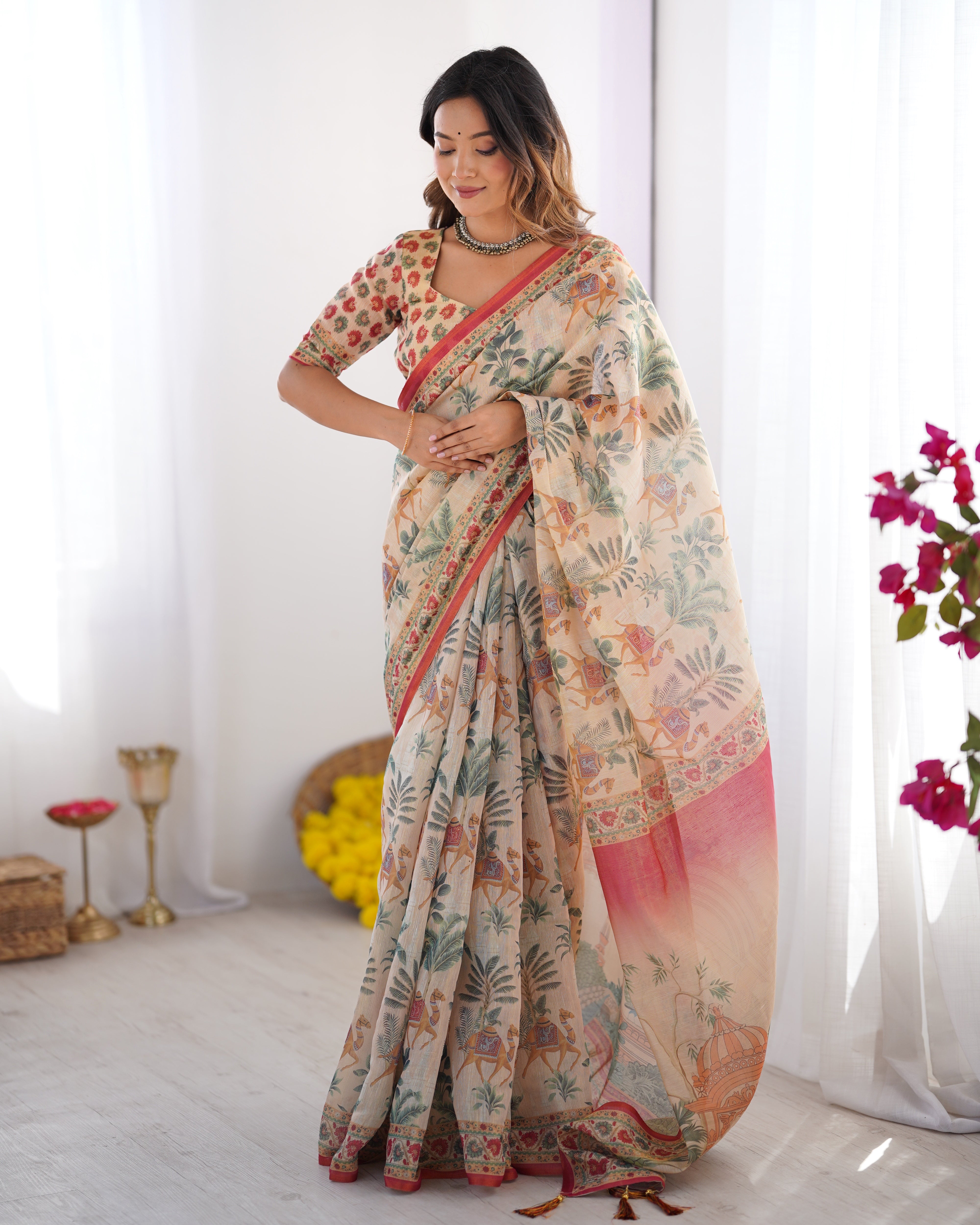 Beige & Red Handloom Linen Cotton Saree with Camel Caravan & Palace Artwork