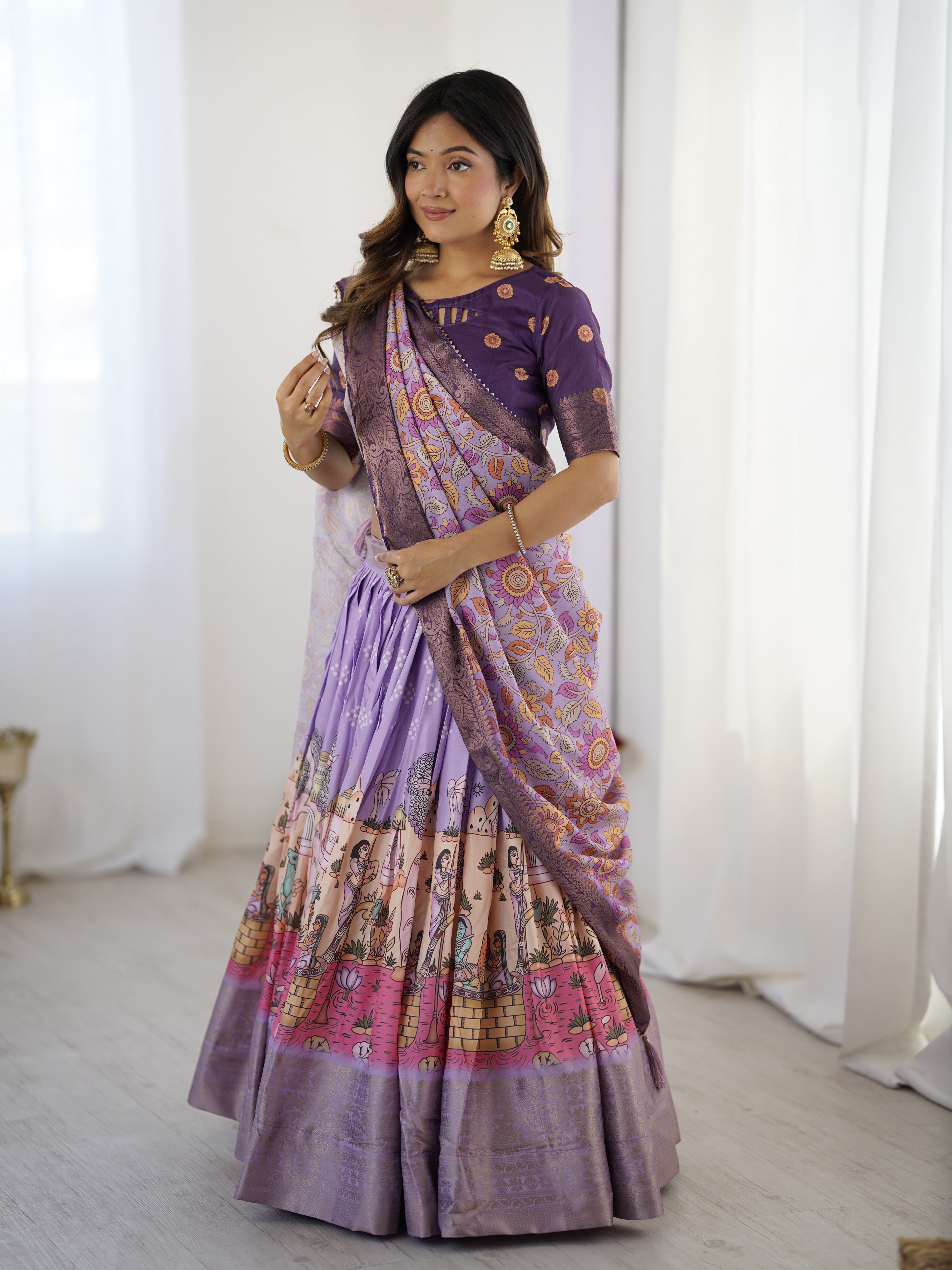 Elegant Kalamkari Lehenga in Lavender and Purple with Mythical Print and Floral Dupatta