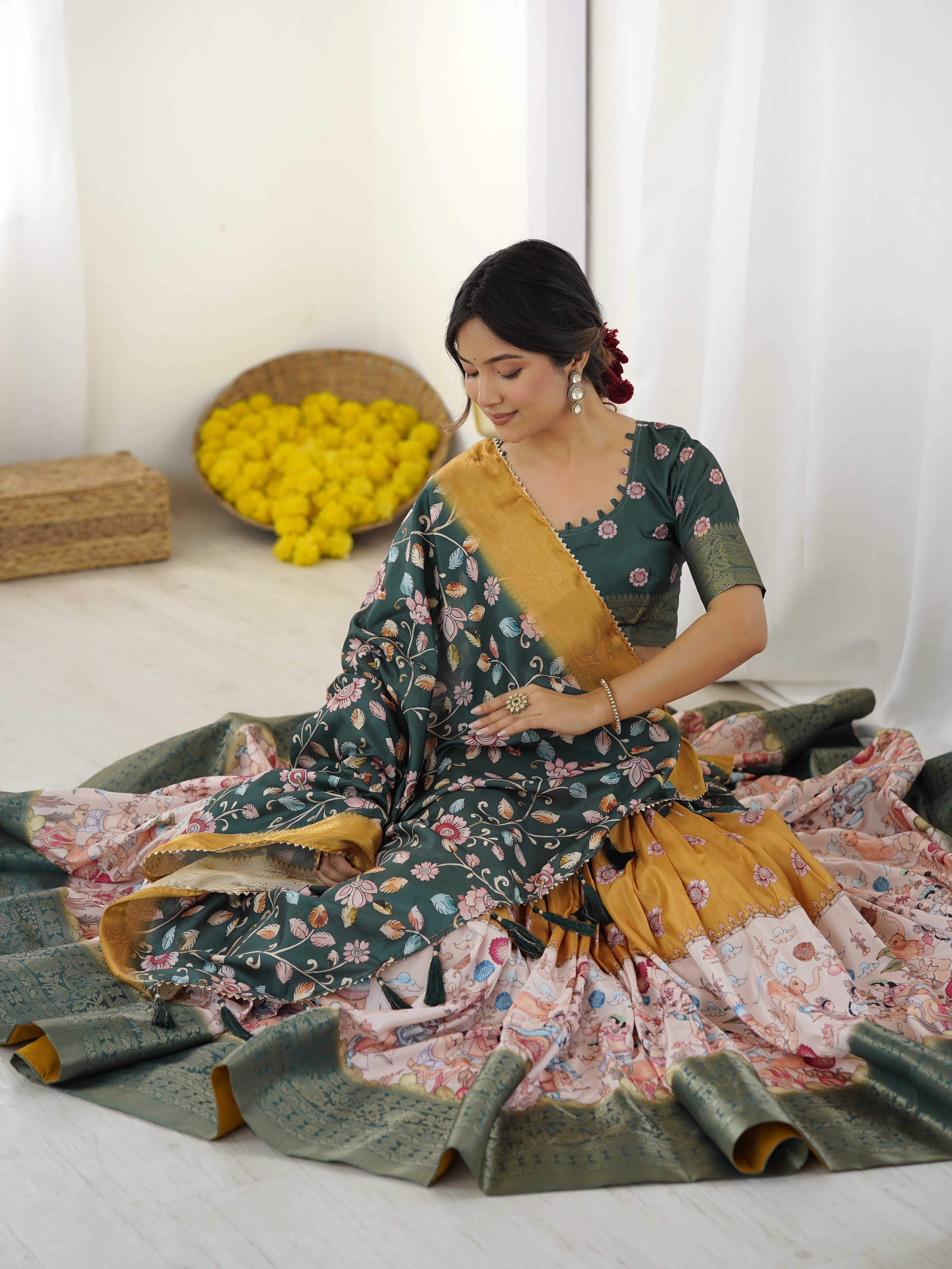 Bottle Green Kalamkari Flared Lehenga with Mustard Dupatta