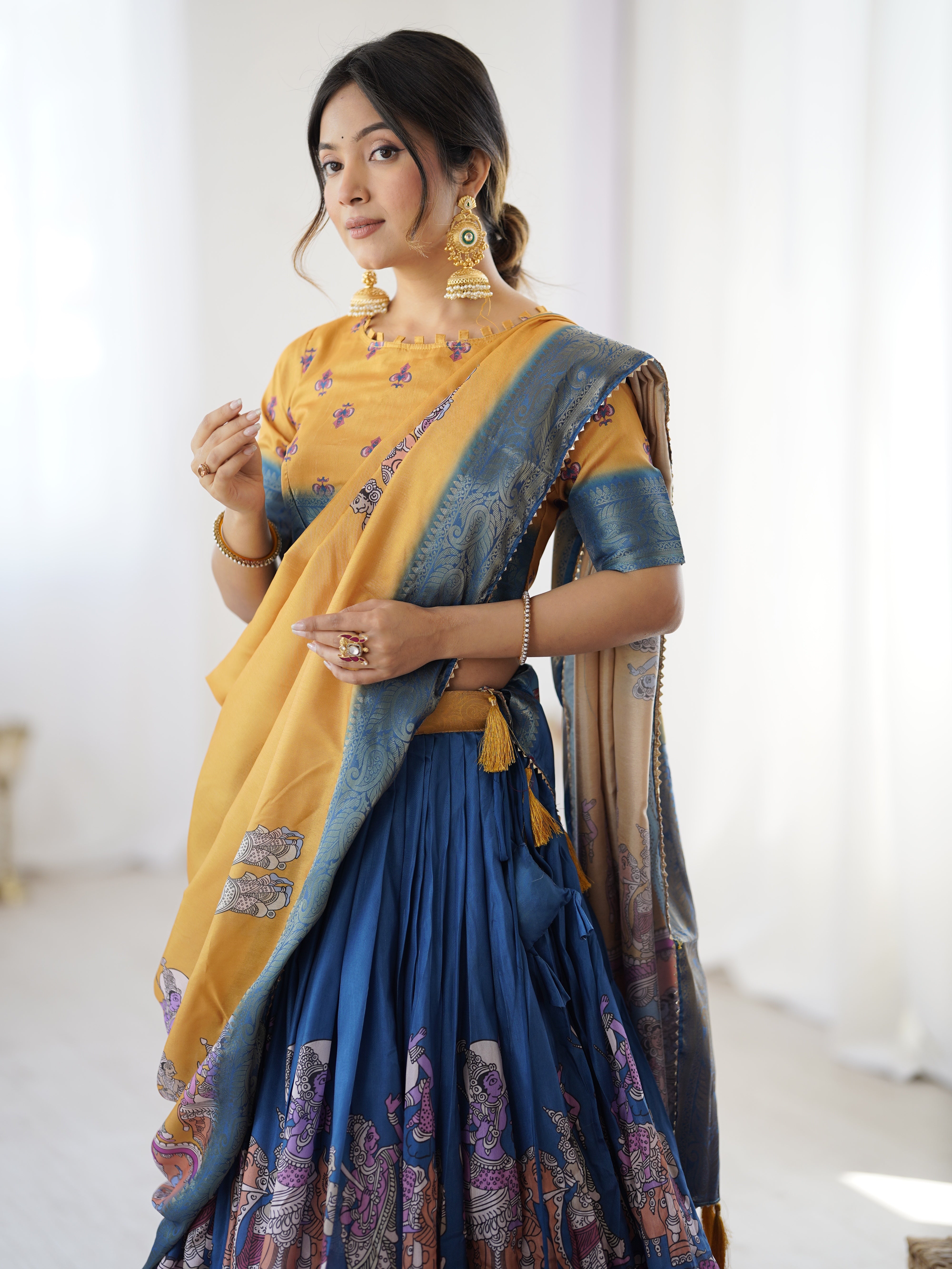 Elegant Kalamkari Lehenga in Mustard and Royal Blue with Flared Skirt and Dupatta